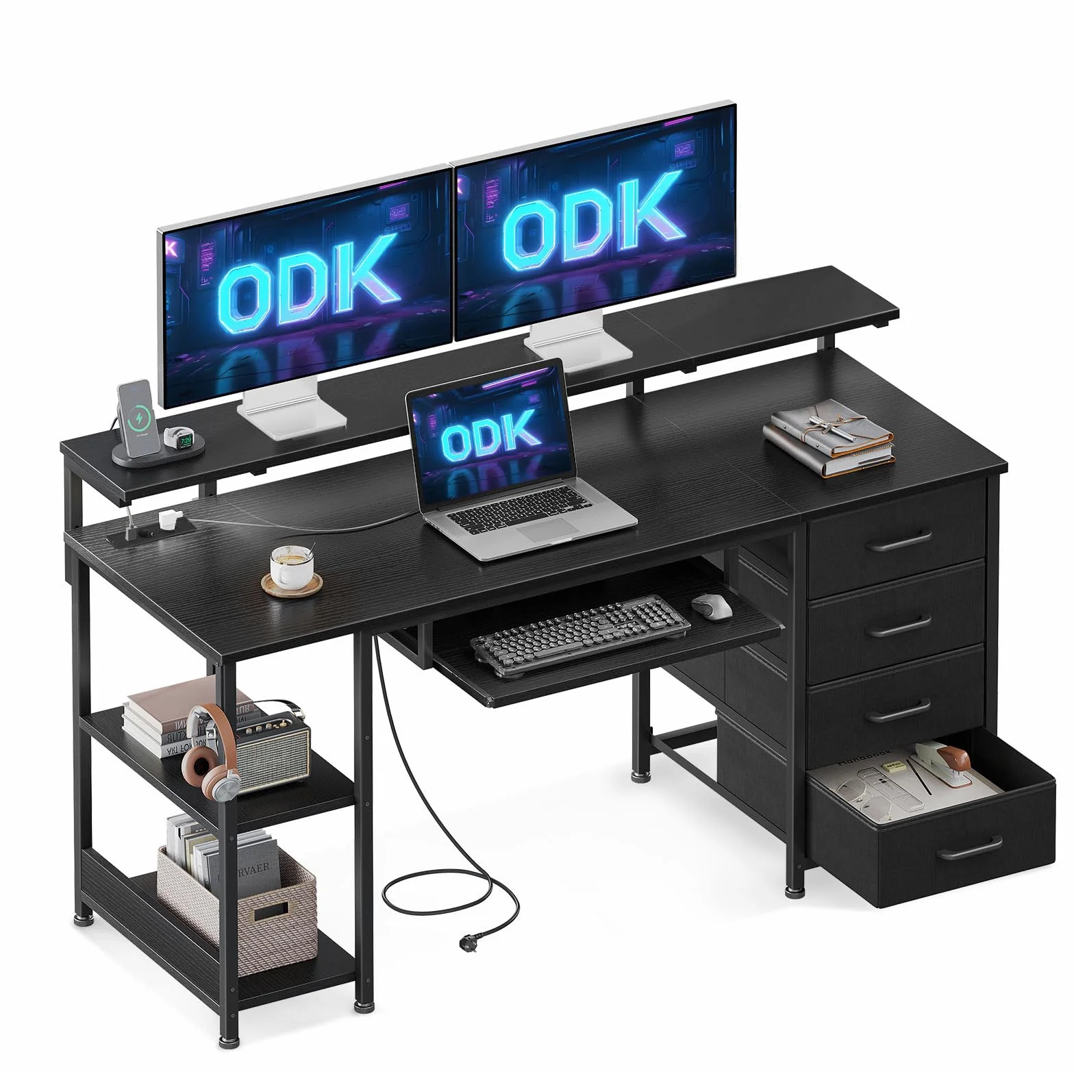 ODK Nowoczesne czarne biurko 140 x 52 x 92 cm, stół konferencyjny z 4 szufladami, port ładowania USB i gniazdo, do domowego biura