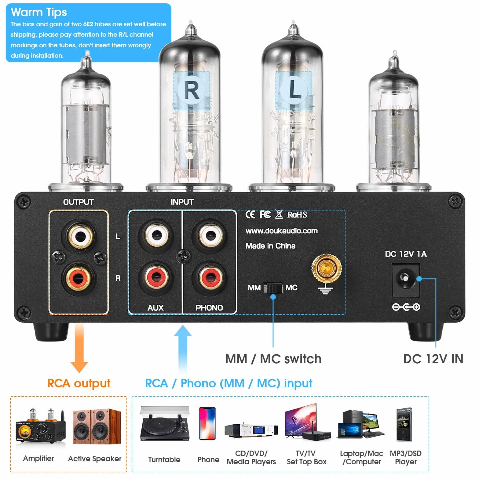 Nobsound HiFi 6E2 przedwzmacniacz rurowy Phono Preamp do MM/MC Turntablebles Headphone Amp