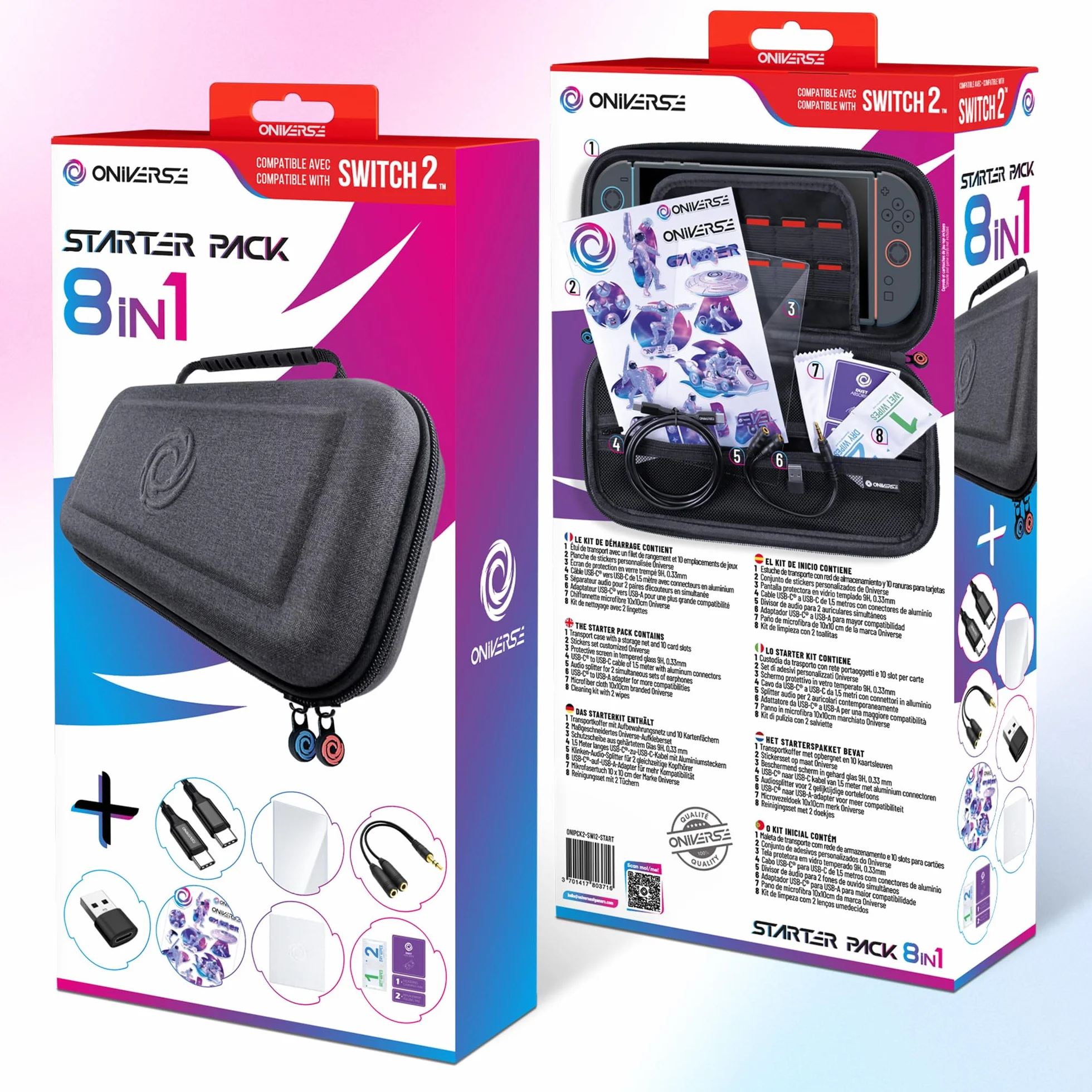 Oniverse Etui Switch 2 Zestaw startowy 8 w 1 – Pokrowiec transportowy, Ochrona ekranu kompatybilna z Nintendo Switch 2, Kabel USB-C i adapter, Rozdzielacz audio, Zestaw czyszczący