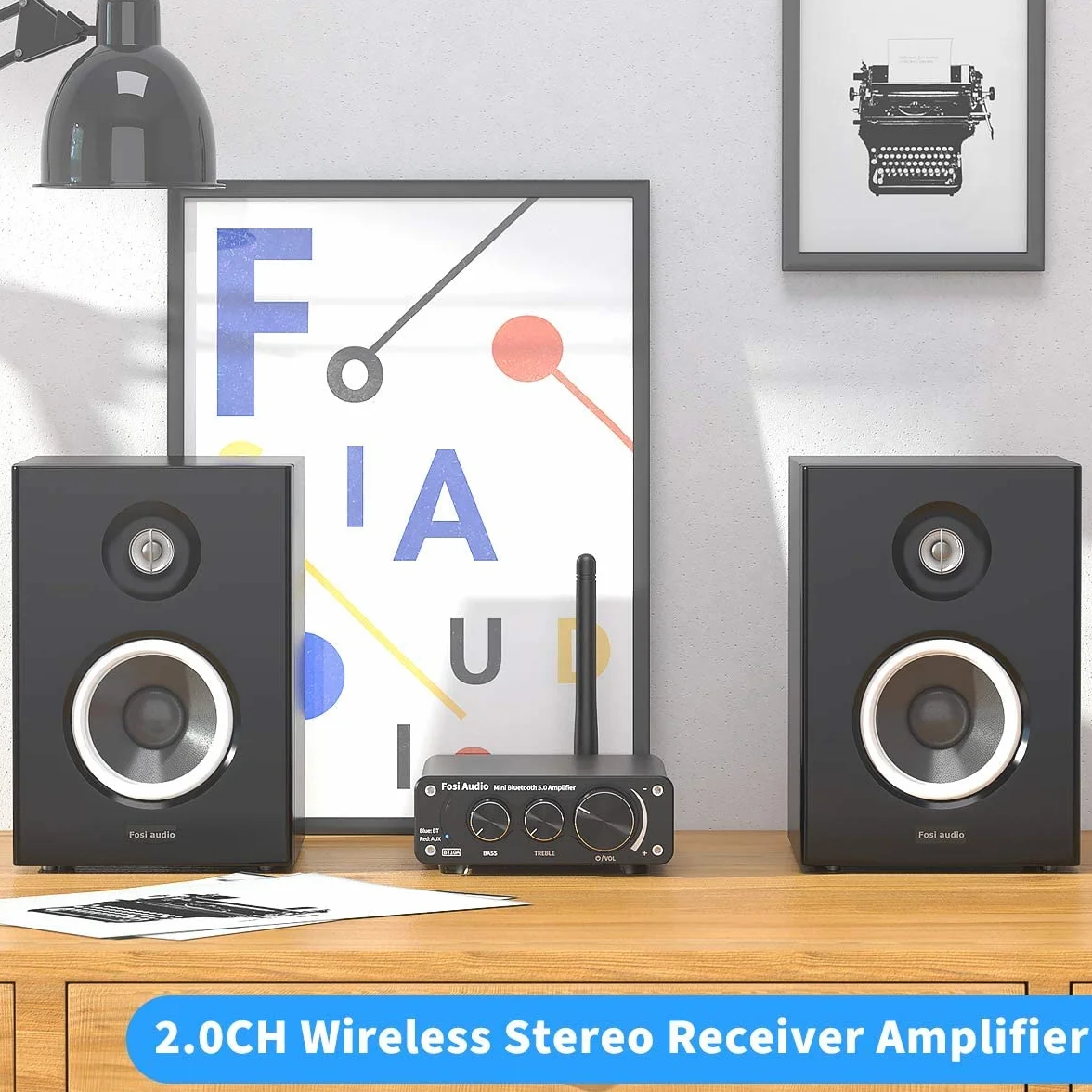Fosi Audio BT10A Wzmacniacz Audio Bluetooth 5.0, 2-Kanałowy Wzmacniacz Stereo HiFi z Chipem TPA3116, Wzmacniacz Mocy HiFi Klasy D o Mocy 50W x2 z Regulacją Tonów Niskich i Wysokich do Kina Domowego