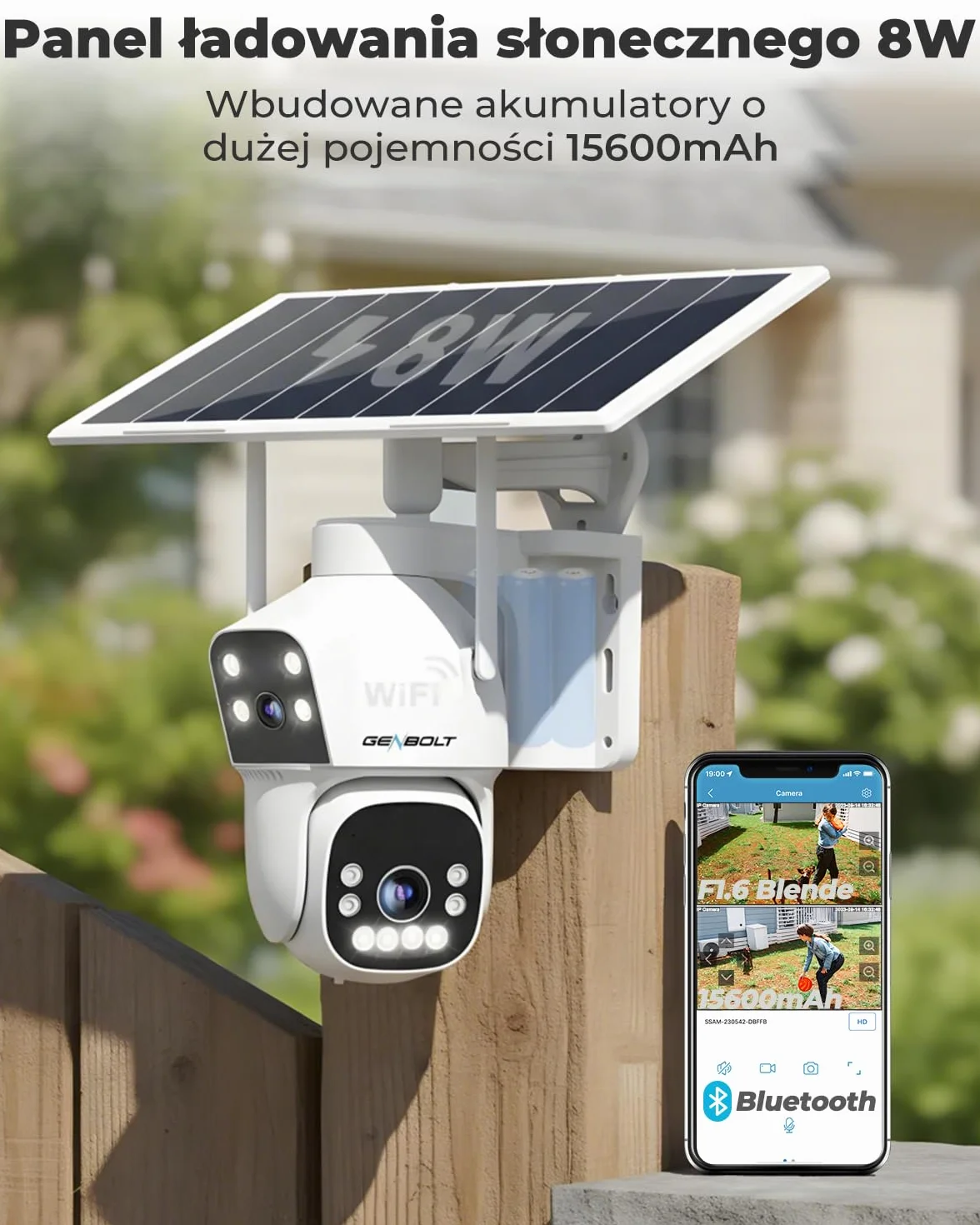 GENBOLT 2.5K AOV WiFi Kamera Zewnętrzna Solarna, Nagrywanie 24/7 3MP+3MP CCTV Zewnętrzna Kamera Monitoringu z wykrywaniem AI 90FT, Kamera IP Zewnętrzna 8W 15600mAh, Automatyczne śledzenie 2.4&5GHz