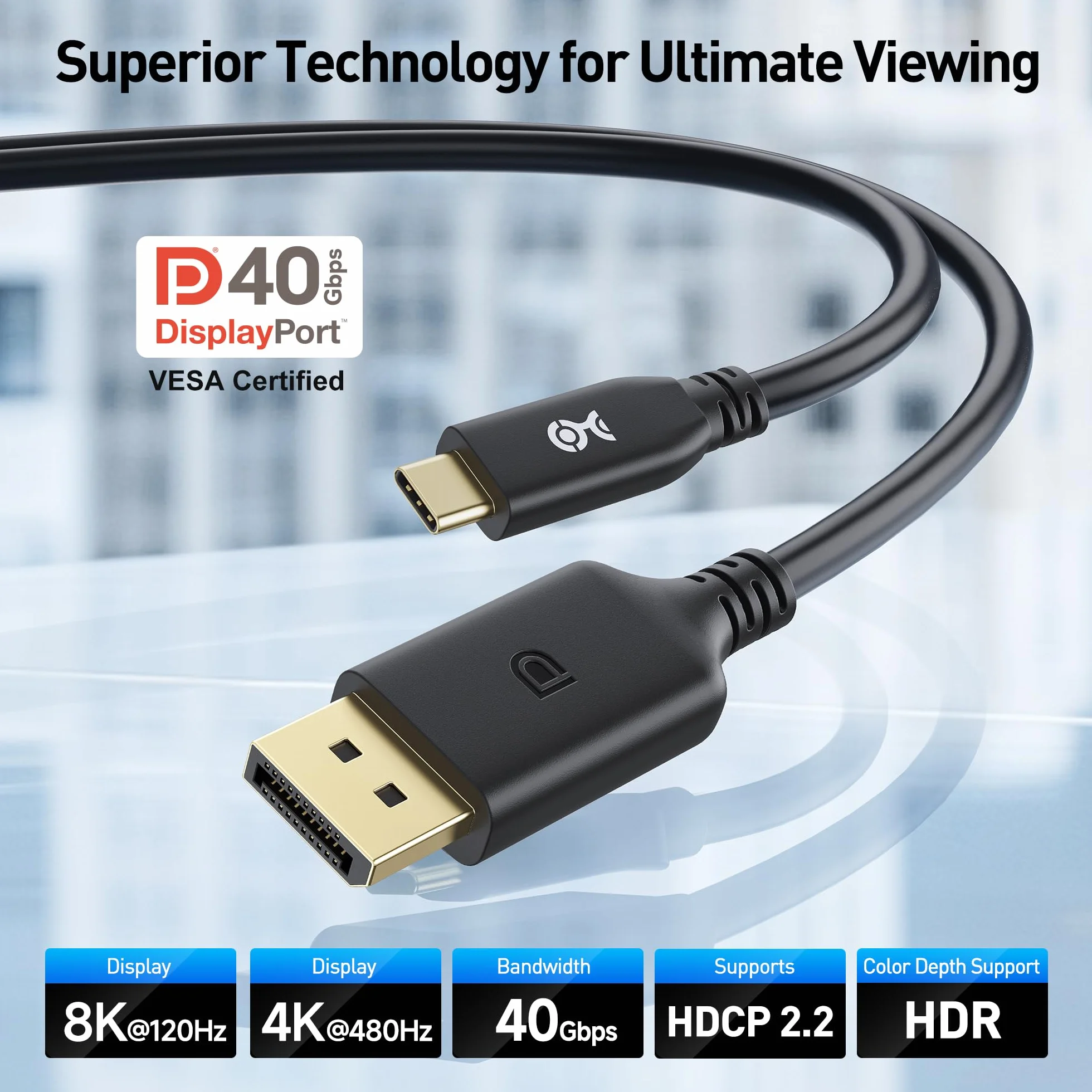 Cable Matters Certyfikat VESA: jednokierunkowy kabel USB C do DisplayPort 2.1 40 Gb/s, 2 m, obsługuje DP40, 8K przy 120 Hz / 4K przy 480 Hz (kabel Thunderbolt 4 do DisplayPort), Czarny