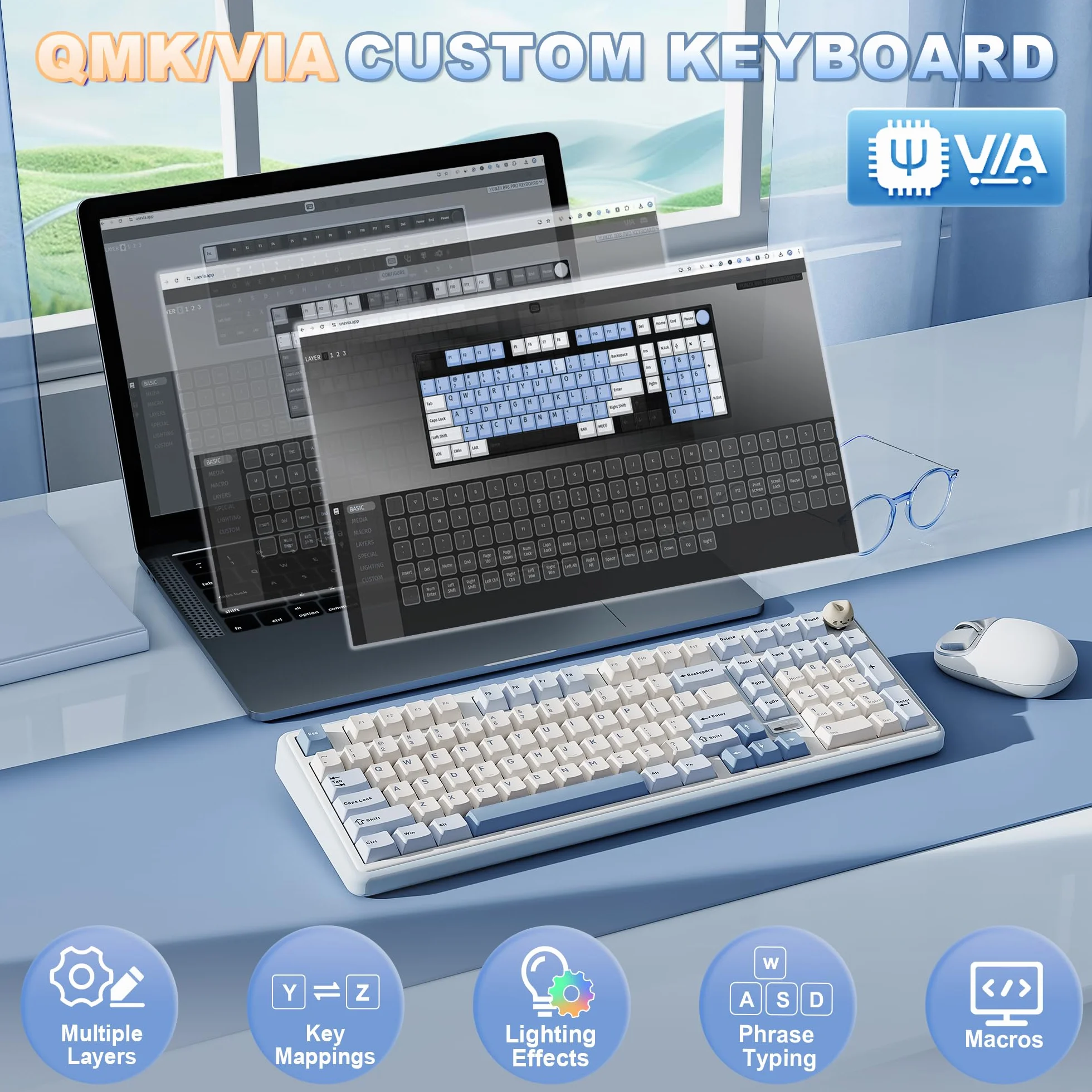 YUNZII B98 PRO QMK/VIA Bezprzewodowa Klawiatura Mechaniczna do Gier, 96% Układ z Klawiaturą Numeryczną i Uroczą Kocią Gałką, BT/2.4G/USB-C (Niebieski, Candy Linear Switch)