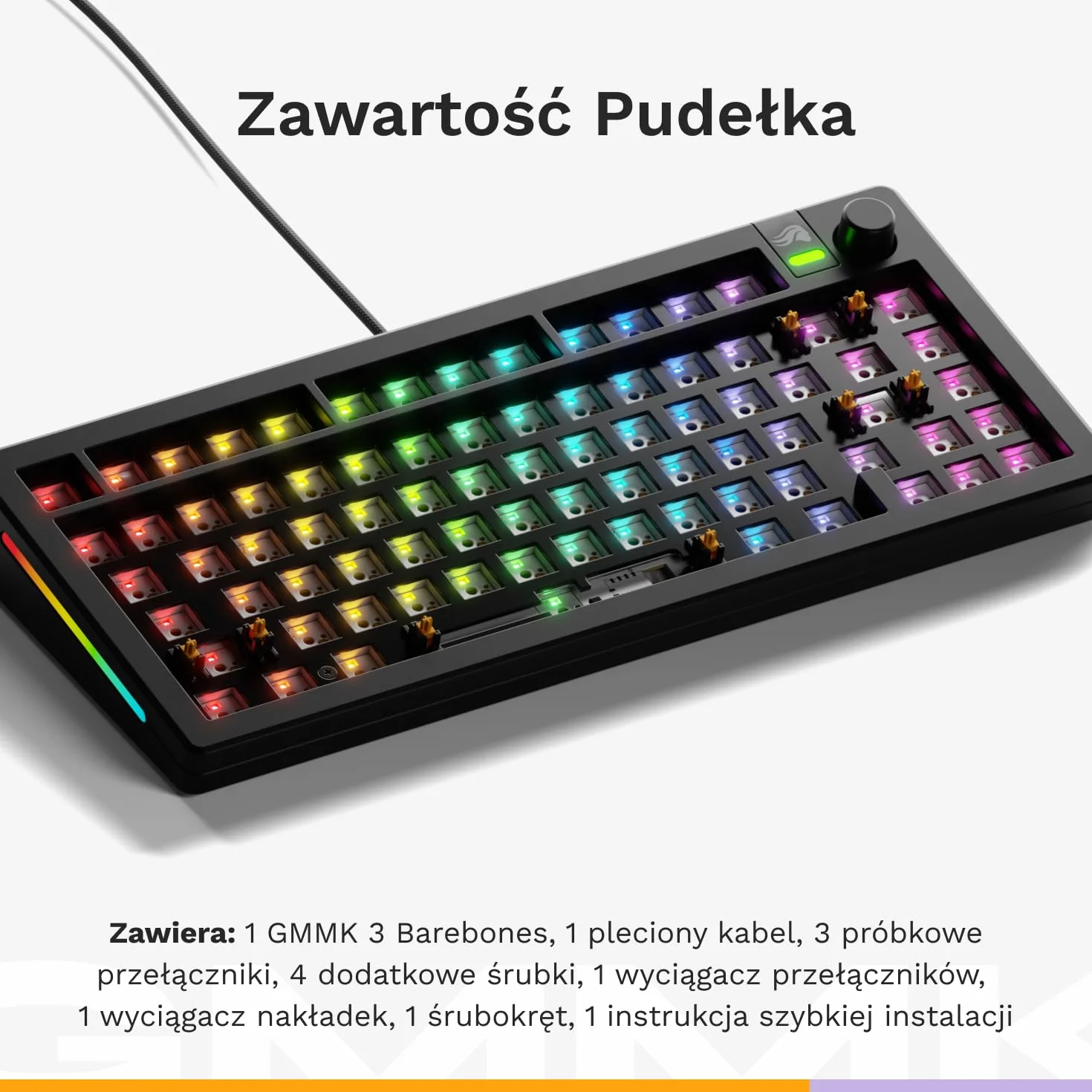 Glorious Gaming - GMMK 3 Barebones: klawiatura z gałką, 75% klawiatura mechaniczna, system uszczelek, przełączniki MX z 5 bolcami z hot swap, pianka dźwiękochłonna, aluminiowy czytnik, ISO - Czarna