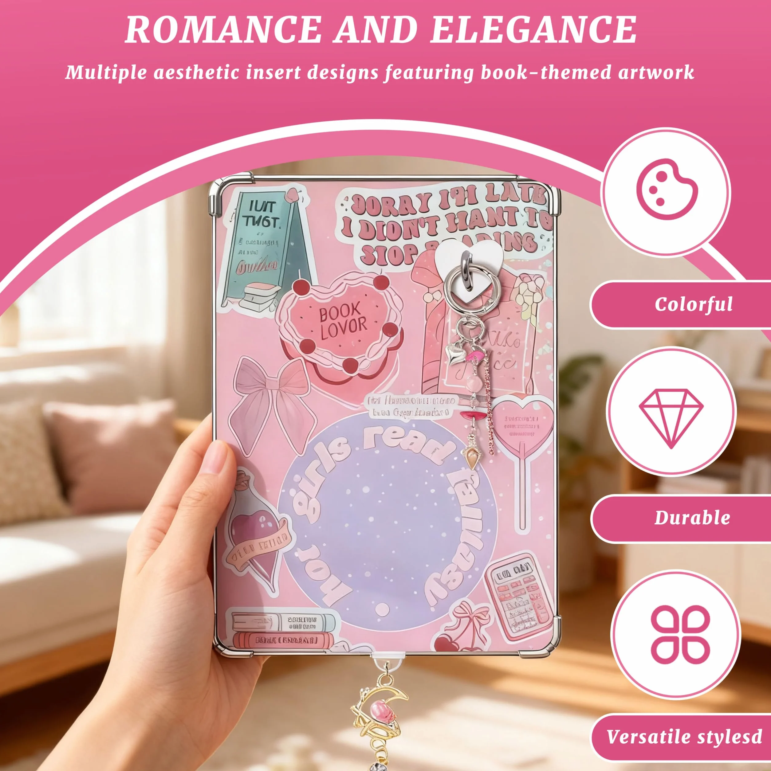 VelvetGlow 6 szt. przezroczystych wkładów do czytnika e-booków, 2 szt. zestaw zawieszek do zatyczek pyłoszczelnych, akcesoria retro charms, wkłady z kartonu do Kindle 11-12, prezent