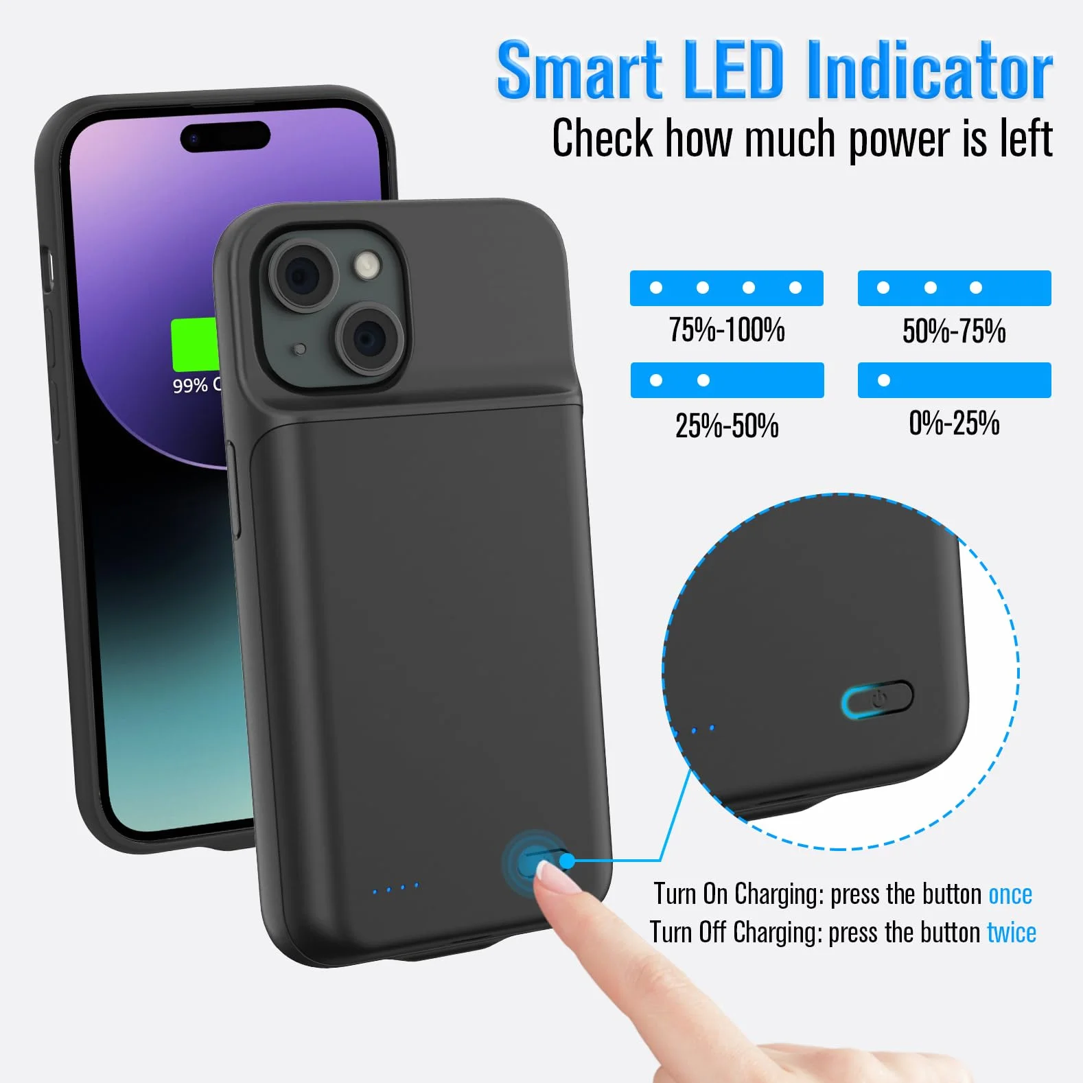 etui z akumulatorem na iPhone 15 (6,1"), 8500 mAh, 15 W Power Bank, etui z dodatkowym akumulatorem, etui na telefon z ładowarką, etui na akumulator, etui z ładowarką na iPhone 15, etui z