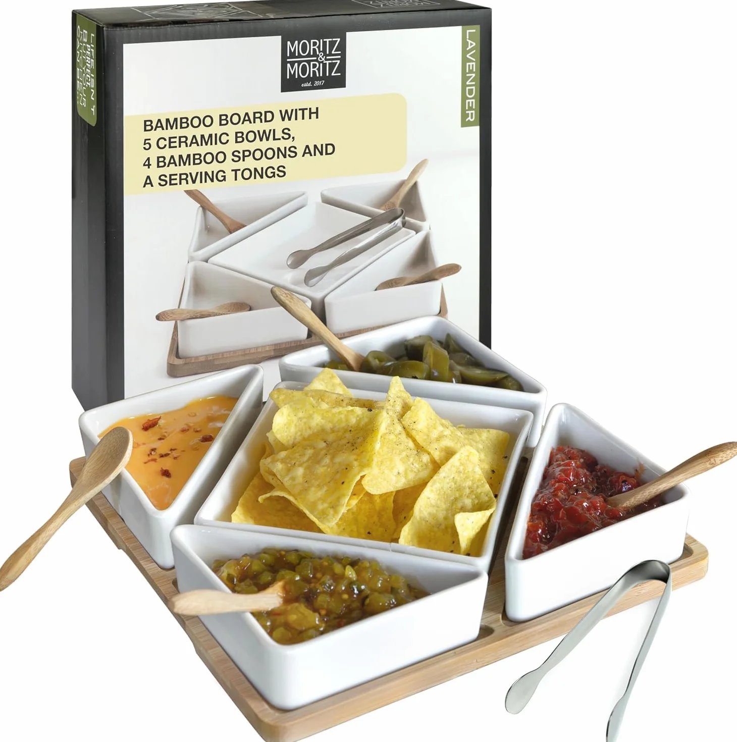 Moritz & Moritz Lavender 11-częściowy zestaw do serwowania przekąsek, tapas, przystawek, miski ceramiczne, tacka, łyżka, bambus, szczypce ze stali nierdzewnej, biały