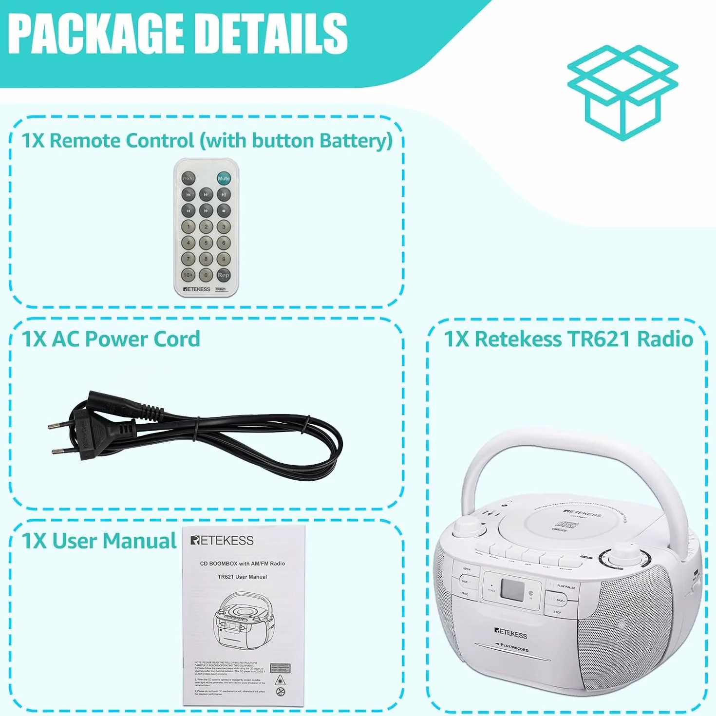 Retekess TR621 Przenośny Odtwarzacz CD Boombox Stereo z Radiem AM FM, Odtwarzacz Kasetowy, Magnetofon Kasetowy, Obsługa USB/TF/Słuchawek, z Pilotem (Biały)