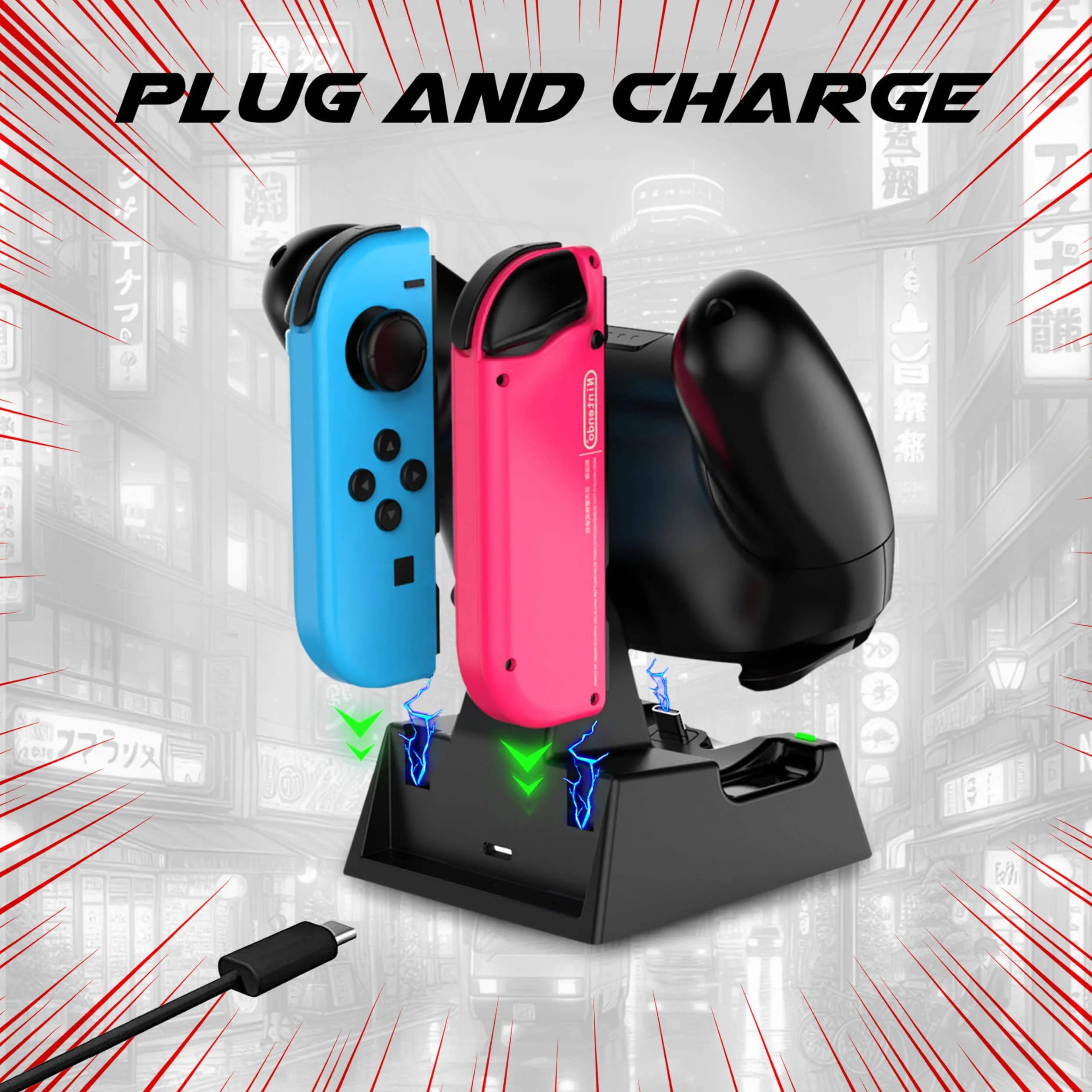 AKUMA Cyber V02 Stacja ładująca do Nintendo Switch - Kontroler Pro, Joy-Cons, OLED/Switch Lite Smart Charging - Czarny