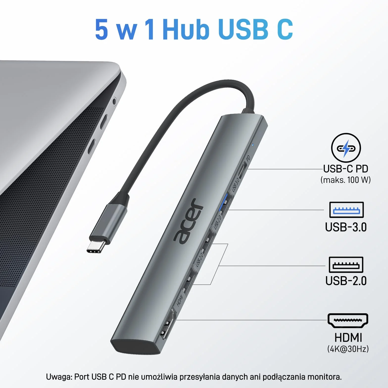 acer Hub USB C z HDMI 4K, aluminiowy adapter wieloportowy USB-C 5 w 1 z 3 portami USB-A, moc 100W, rozdzielacz typu C, kompatybilny z laptopem, tabletem, MacBookiem M3/M2, XPS, iPadem Pro itp.