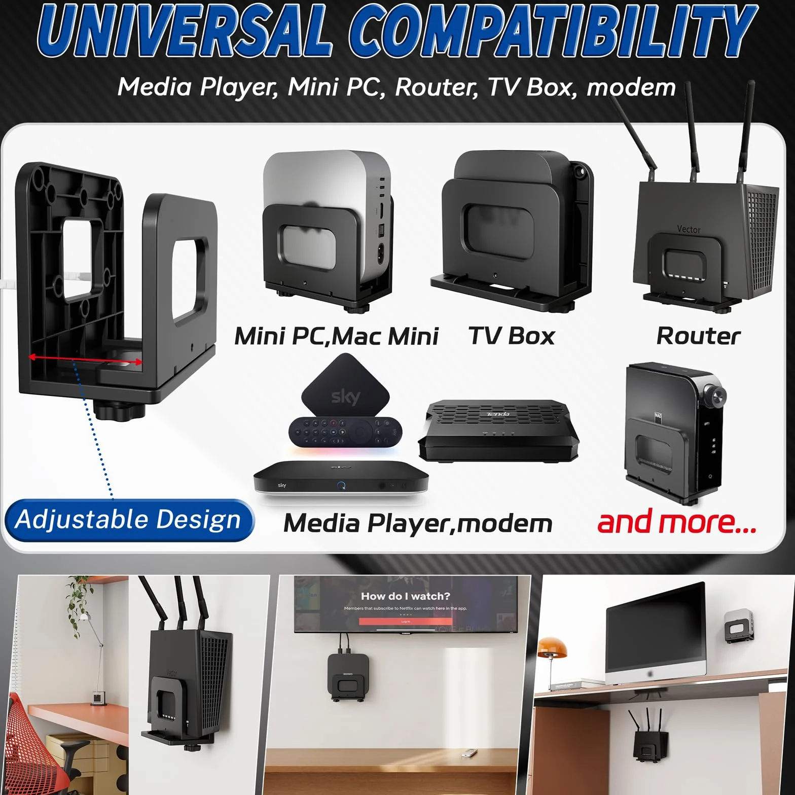 sciuU Uniwersalny regulowany uchwyt ścienny do routerów WiFi, TV Box i mini PC - uchwyt VESA dla odtwarzacza multimedialnego, modemu, Mac Mini - oszczędzająca miejsce półka na urządzenia o grubości do