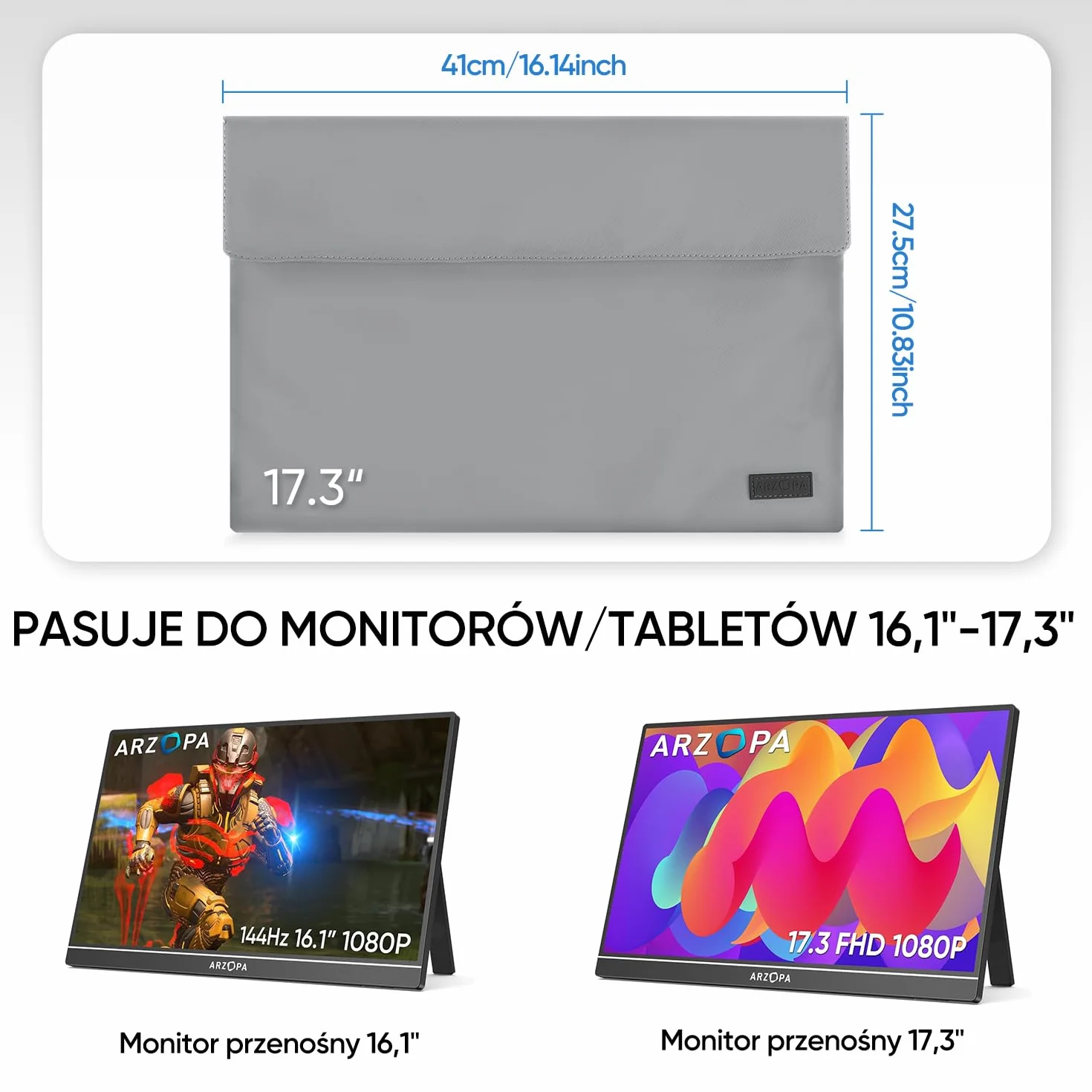Przenośna torba na monitor ARZOPA 17,3"skóra PU,wodoodporny materiał,materiał podstawy,miękka podszewka,mocne zamknięcie magnetyczne,możliwość zwinięcia do przechowywania,łatwa do przenoszenia szary