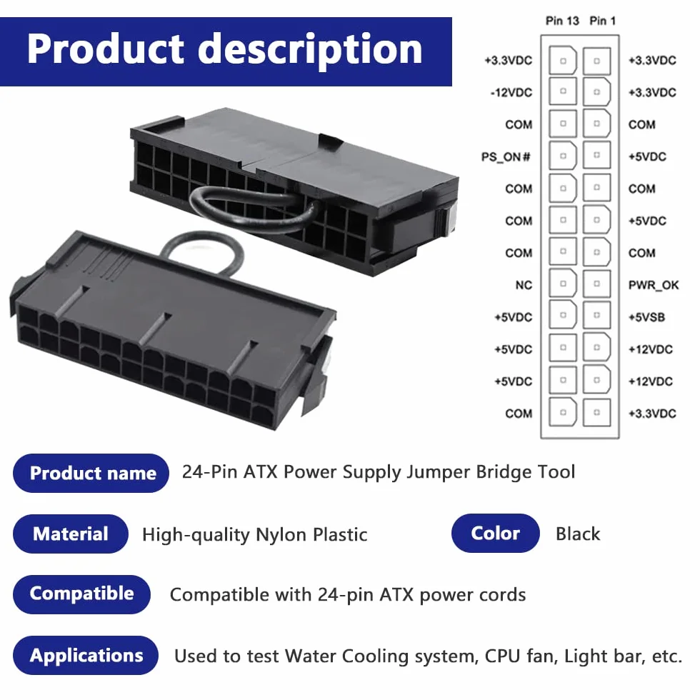 24-pinowy ATX Power Jumper Bridge Tool PSU Test Starter Switch kompatybilny ze złączem 20/24-pinowym (2 szt.)