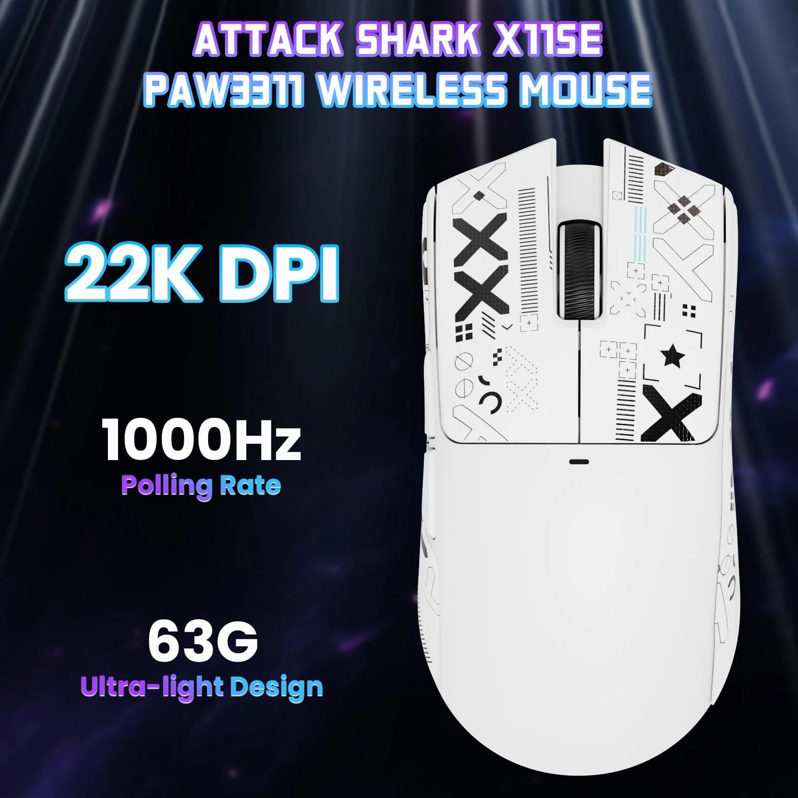 ATTACK SHARK X11SE Bezprzewodowa Mysz do Gier, 63g, PixArt PAW3311, 22000 DPI, BT/2,4 GHz/Przewodowy, 1000Hz, 300mAh, Biały
