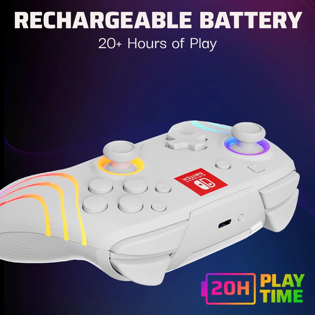 PDP Afterglow Wave Wireless Pro Controller for Nintendo Switch OLED, 8 RGB LED Zones, 30ft Range, 20H Battery White