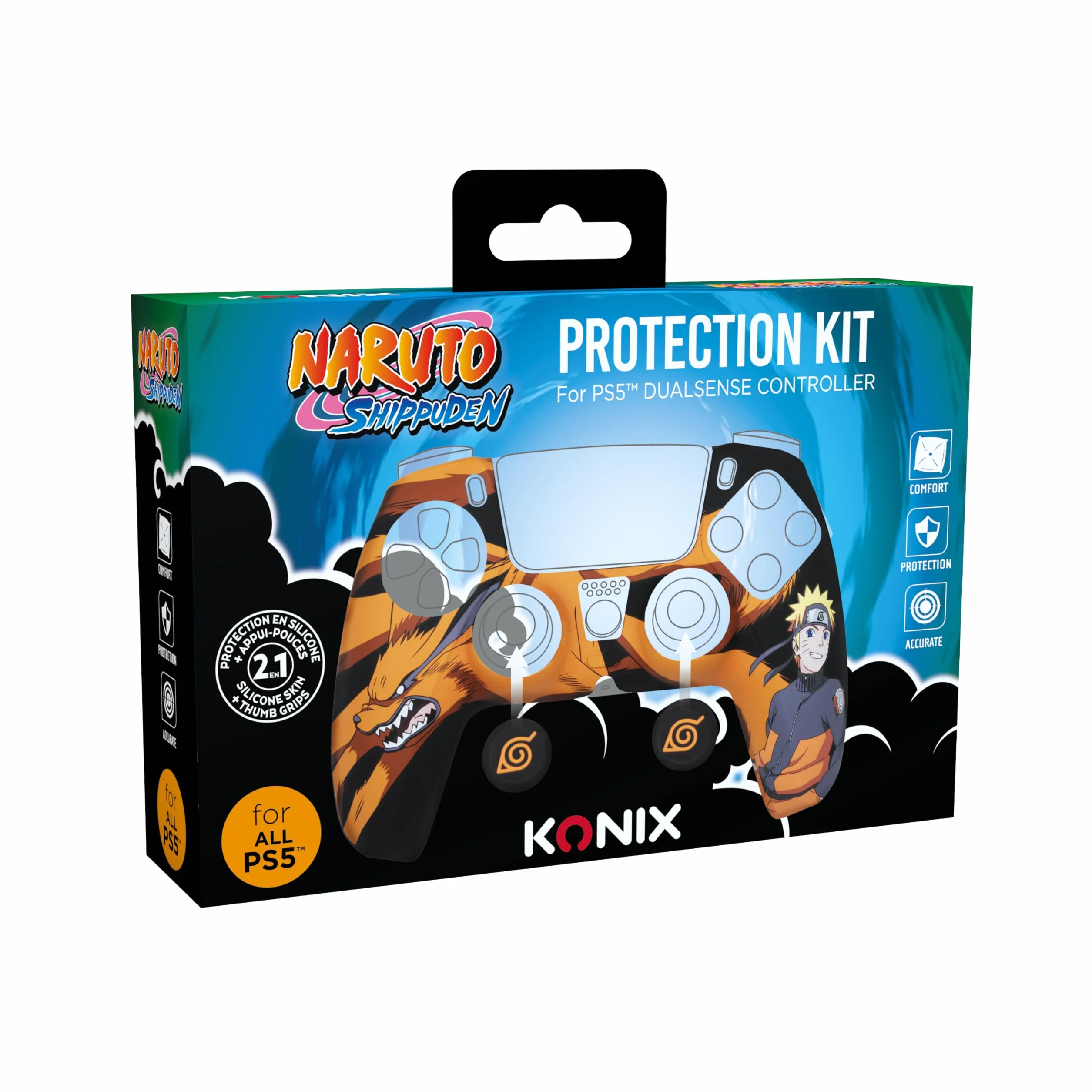 Konix Naruto Shippuden Etui ochronne na kontroler DualSense PS5 - Silikon - Uchwyty na kciuki - Projekt Kurama/Kyûbi Naruto - Czarny