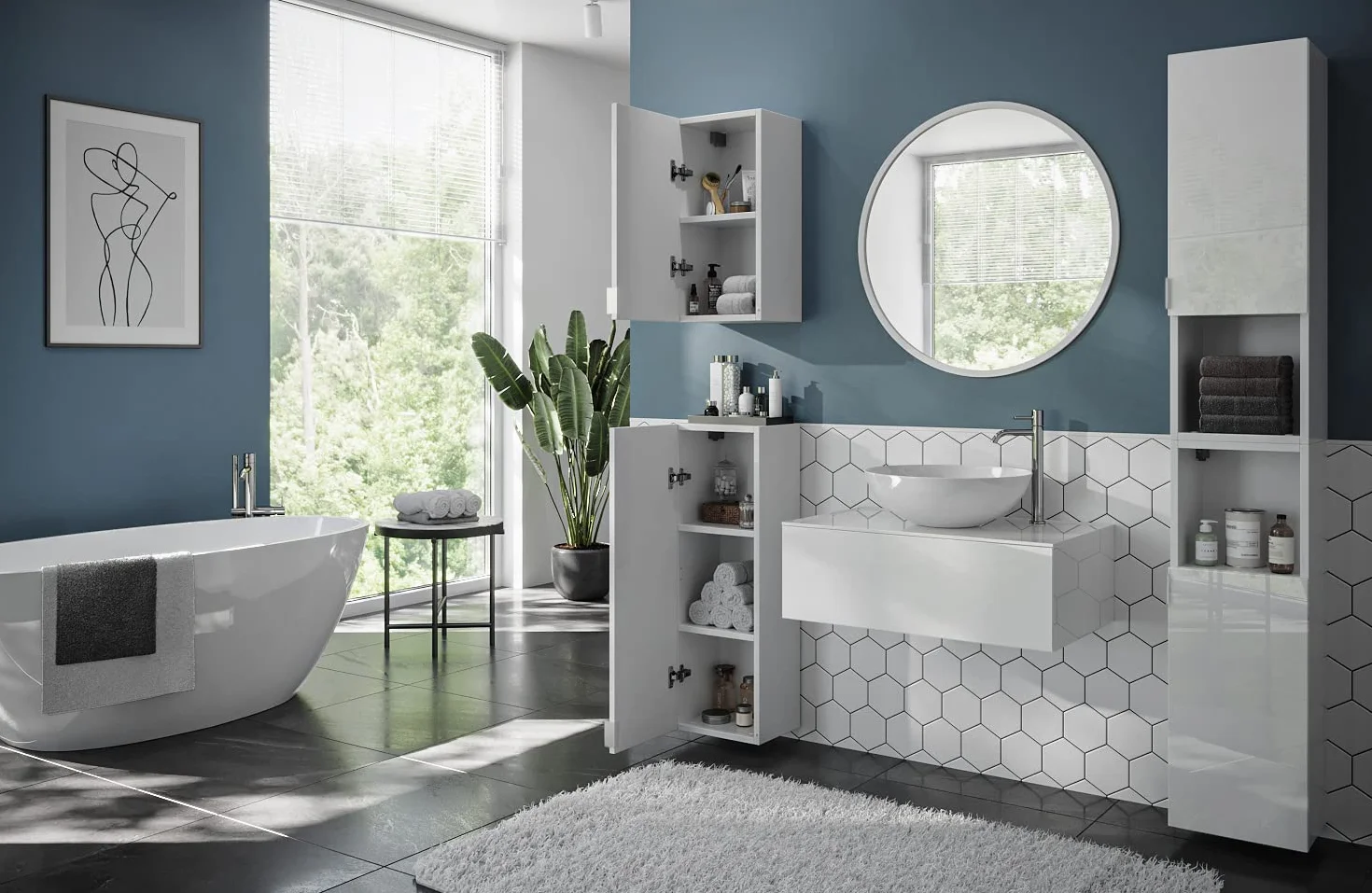 PLATAN ROOM Szafka łazienkowa, wysoka szafka łazienkowa, zestaw 2-częściowy, 60 cm, 90 cm, 120 cm, 150 cm, wisząca szafka łazienkowa z miękkim domykaniem, do łazienki, matowa – biała o wysokim