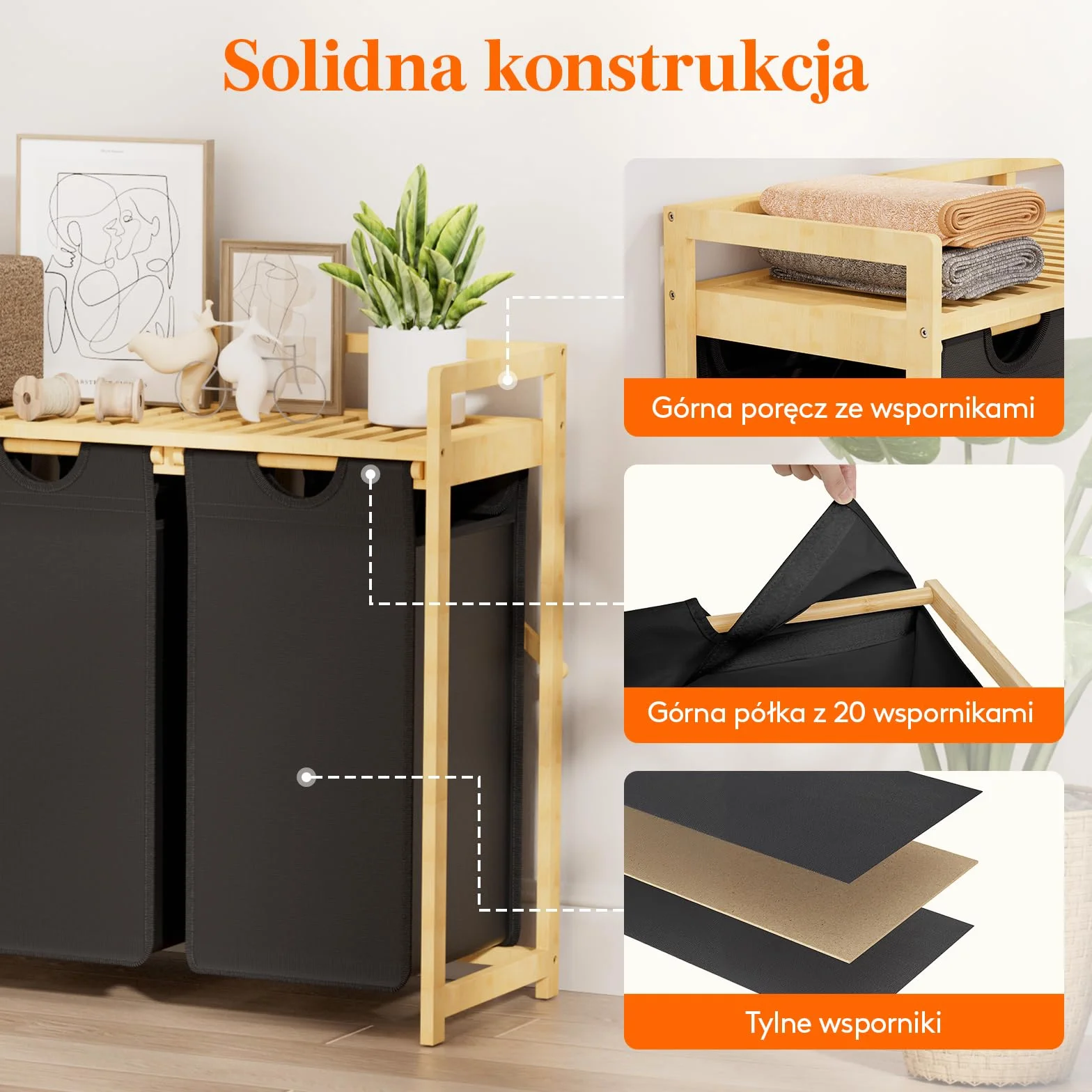 Lifewit Kosz na pranie z bambusową ramą, 150 l, z 3 przegródkami, zdejmowany pojemnik na pranie, bambusowy, 96, 2 x 33,4 x 72 cm, czarny