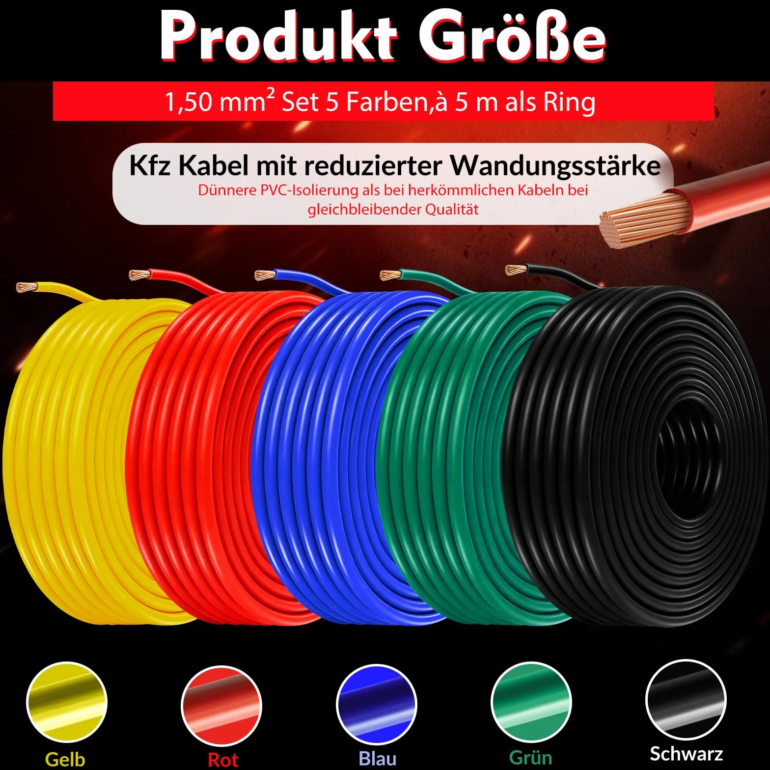 Przewód samochodowy 1,5 mm², zestaw, 5 m x 5 kolorów FLRY-B, kabel miedziany PCW, kabel do akumulatora, kabel zasilający, przewód samochodowy, czerwono-czarno-niebiesko-zielono-żółty, 5 m