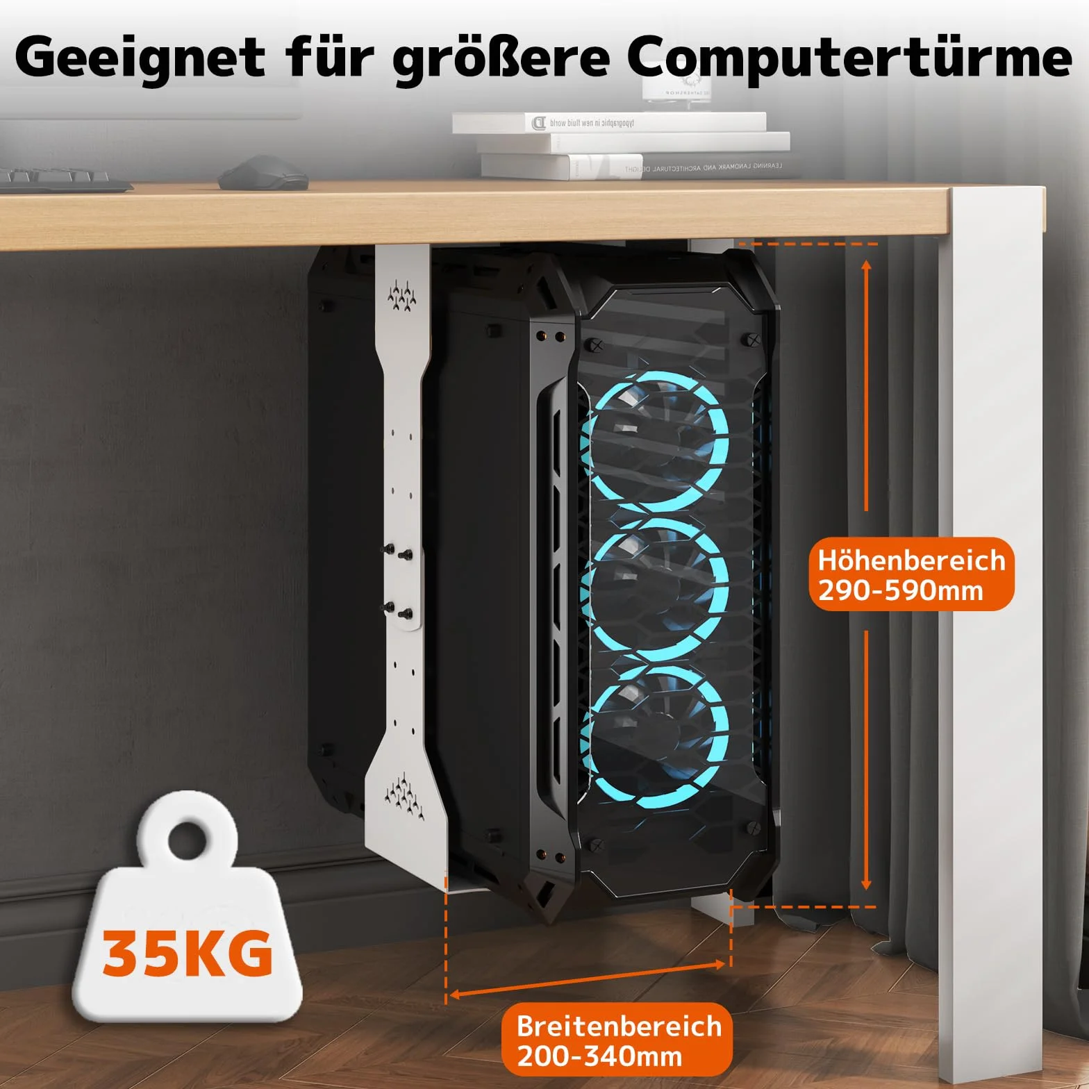 PUTORSEN Uchwyt pod biurko do komputera PC, maksymalna szerokość do 340 mm, nośność do 35 kg, uchwyt pod biurko do komputera PC z wyściółką ochronną, wytrzymała obudowa komputera,biały