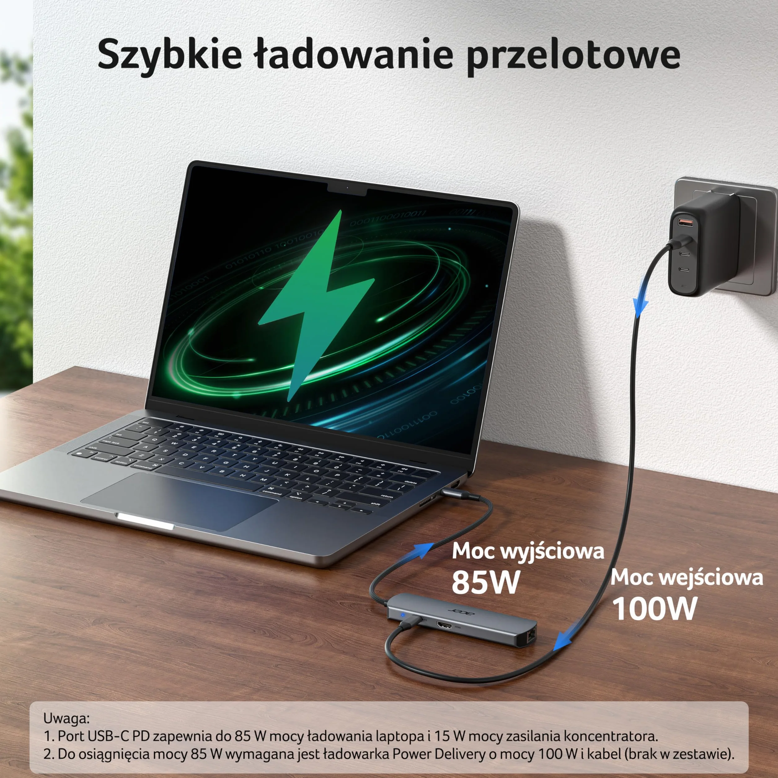 Acer Koncentrator USB C z Ethernetem 1000 Mbps, HDMI 4K@60Hz, 1×USB-C 5Gbps, 2×USB-A 3.0, Type-C 100W PD, Stacja Dokująca do iPhone 17/16, MacBook iPad Pro/Air, Mac mini M4, Surface, Galaxy S25 itp.