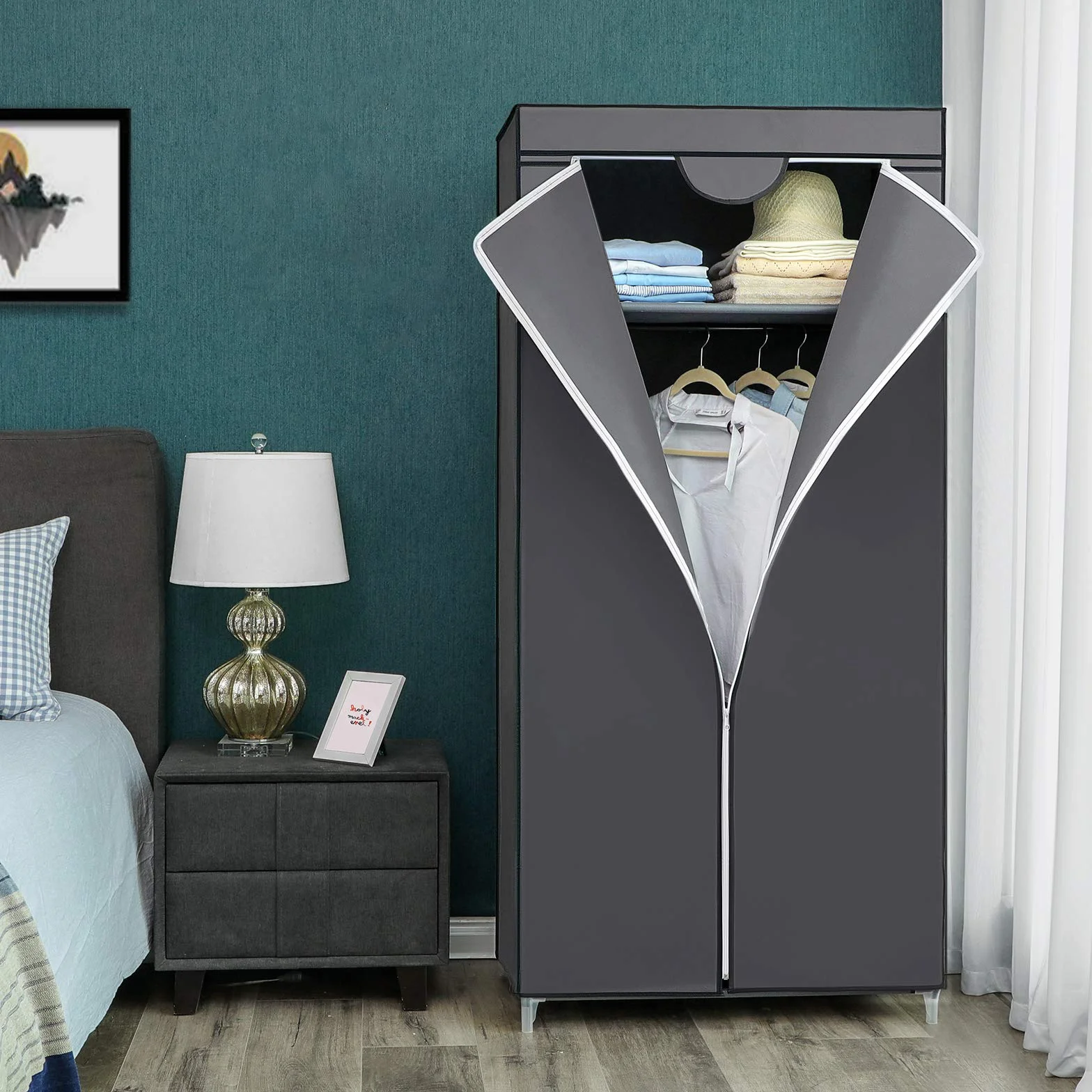 SONGMICS Szafa materiałowa składana z drążkiem 75x45x160 cm szara RYG83GY