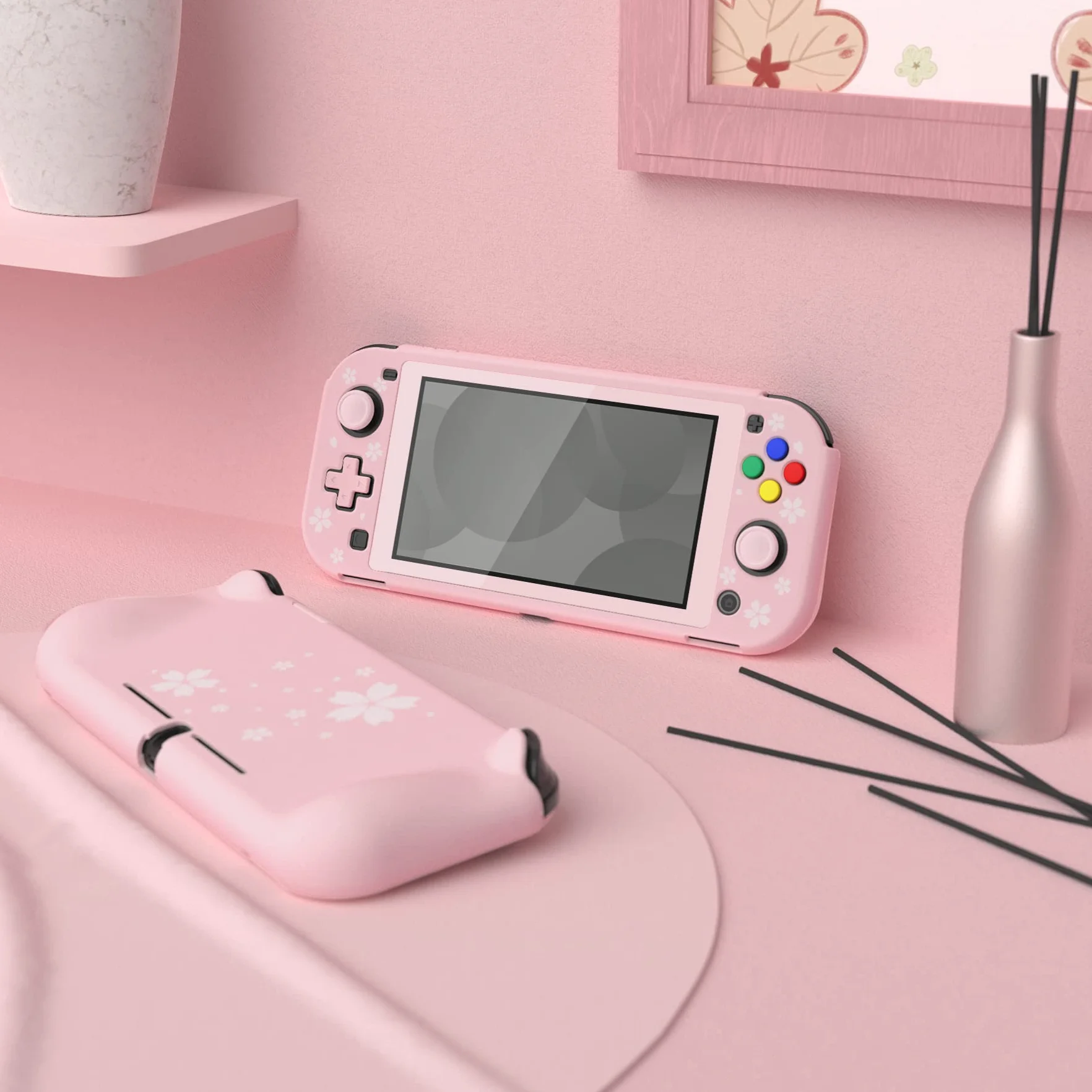 PlayVital Etui Ochronny do Nintendo Switch Lite,ZealProtect Obudowa Protective Cover do Switch Lite,Case Hard Shell z Ochraniacz Ekranu&Kciuka Caps&Caps Przycisków-Płatki Kwiatów Wiśni