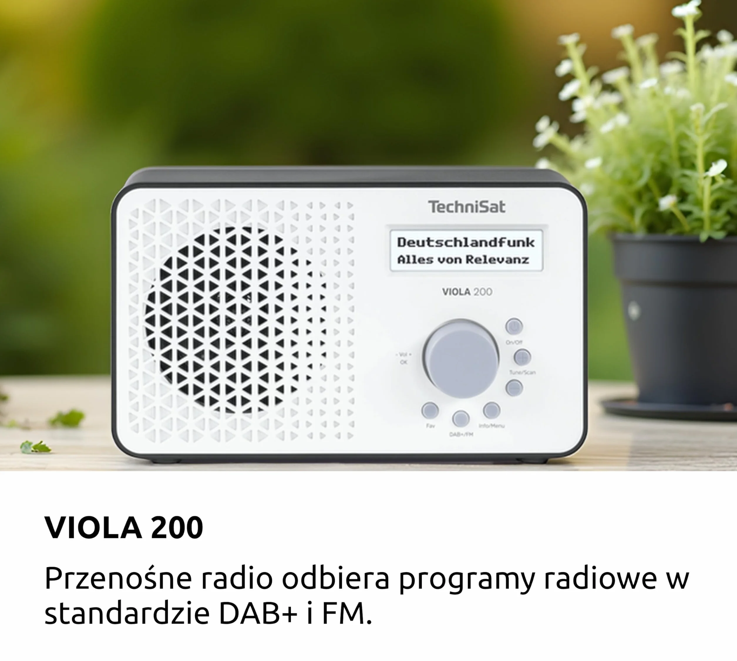 TechniSat VIOLA 200 – przenośne radio DAB+/FM (LCD, antena teleskopowa, pamięć ulubionych, wyjście słuchawkowe, zasilanie sieć/baterie, głośnik mono, RDS, PLL) biało-czarne