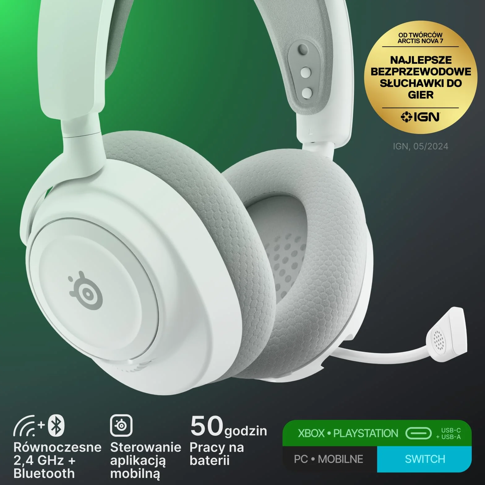 SteelSeries Arctis Nova 7X Wireless Gen 2 do gier -sterowanie aplikacją w czasie rzeczywistym - 50H + -przetworniki magnetyczne z magnesem neodymowym -miks 2,4 GHz/Bluetooth-Xbox,PS5,Switch 1/2,mobile