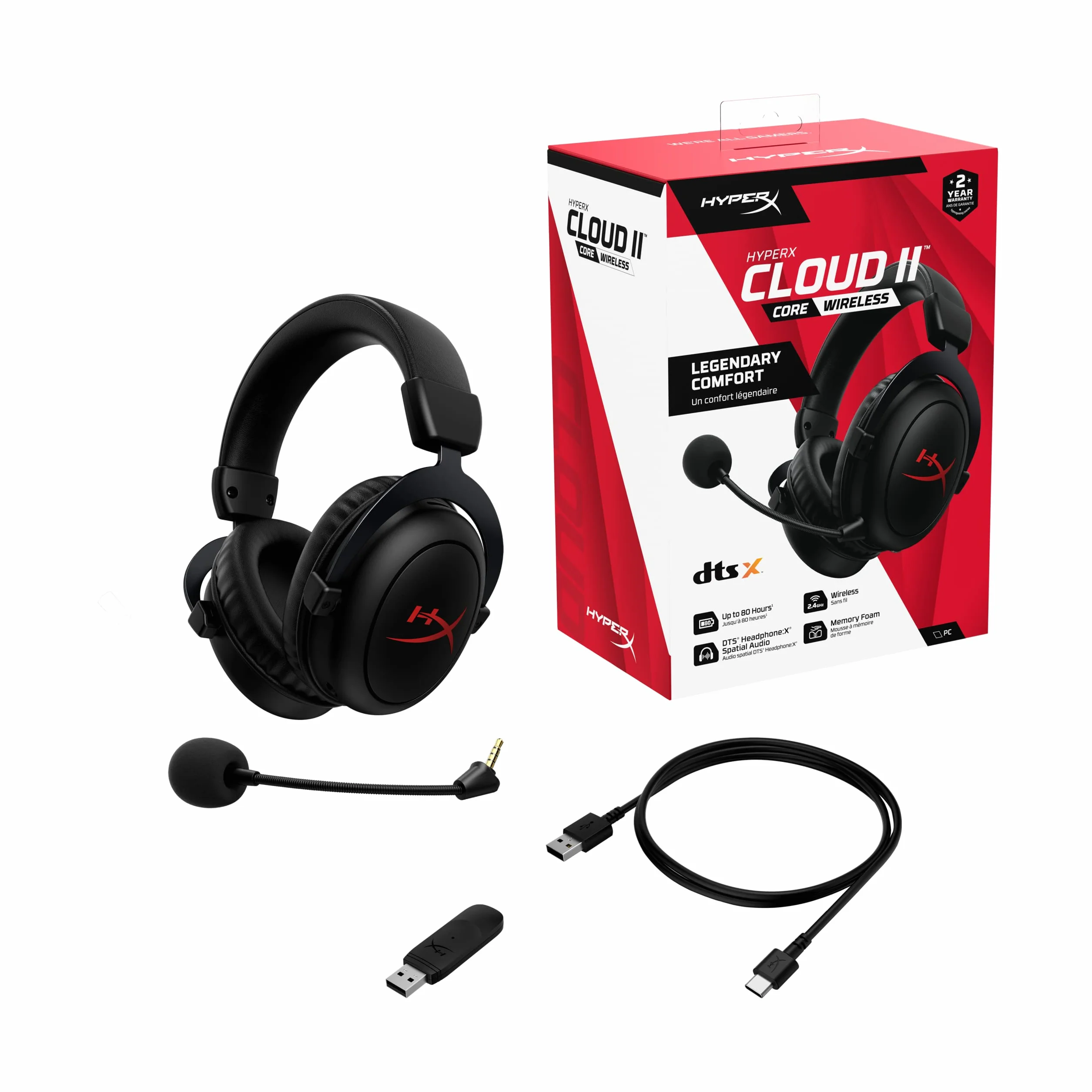 HyperX Cloud II Core Wireless - Zestaw słuchawkowy do gier PC, DTS Headphone: X Space Audio, Memory Pads, Czarny