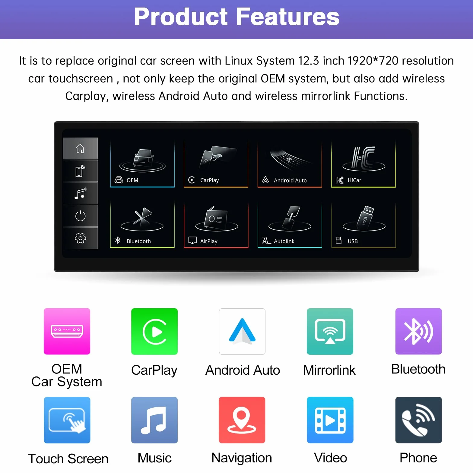 Road Top 12,3 cala Bezprzewodowy ekran dotykowy radia samochodowego CarPlay dla Audi Q3 2013-2018 rok, multimedialny ekran stereo radia samochodowego, obsługa bezprzewodowego Android Auto