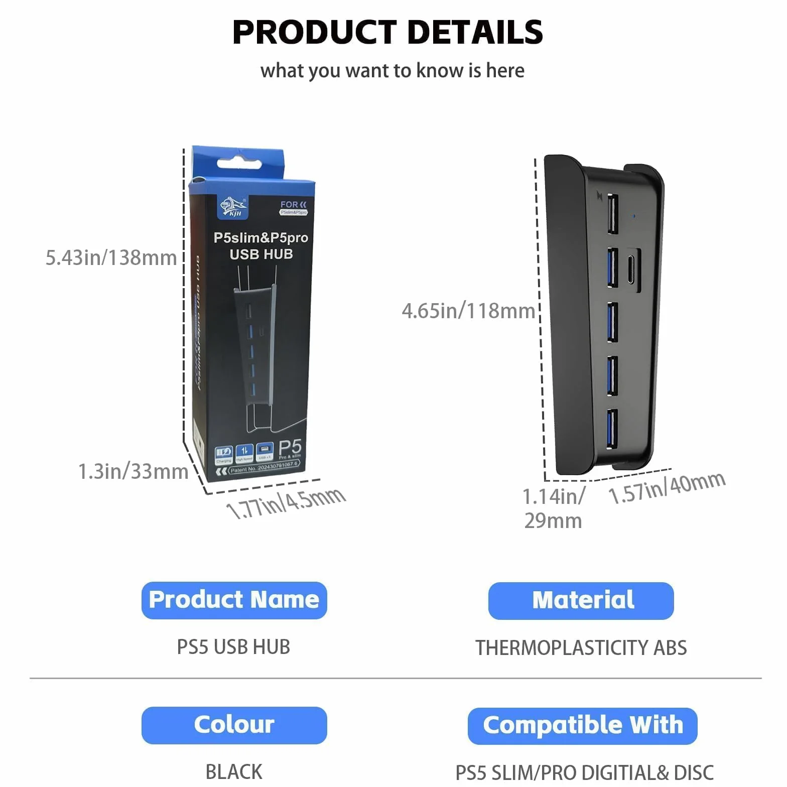 Hub 6 portów USB do konsoli PS5 Pro/Slim, High-Speed Expander Hub z 4 portami USB-A 2.0 + 1 port ładowania USB + 1 złącze typu C, kompatybilny z gniazdami przednimi PlayStation 5 Pro/Slim