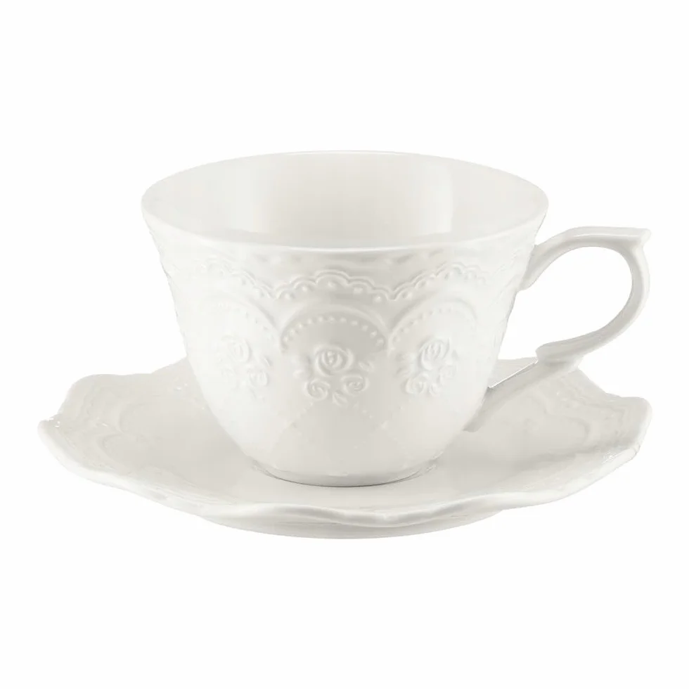 VILLA ITALIA Filiżanka do Kawy Herbaty ze Spodkiem 220 ml – Porcelana - Kolekcja Aurelia – Kolor Mleczny – Biała – Idealna na Prezent – Porcelanowa – Ozdobny Relief
