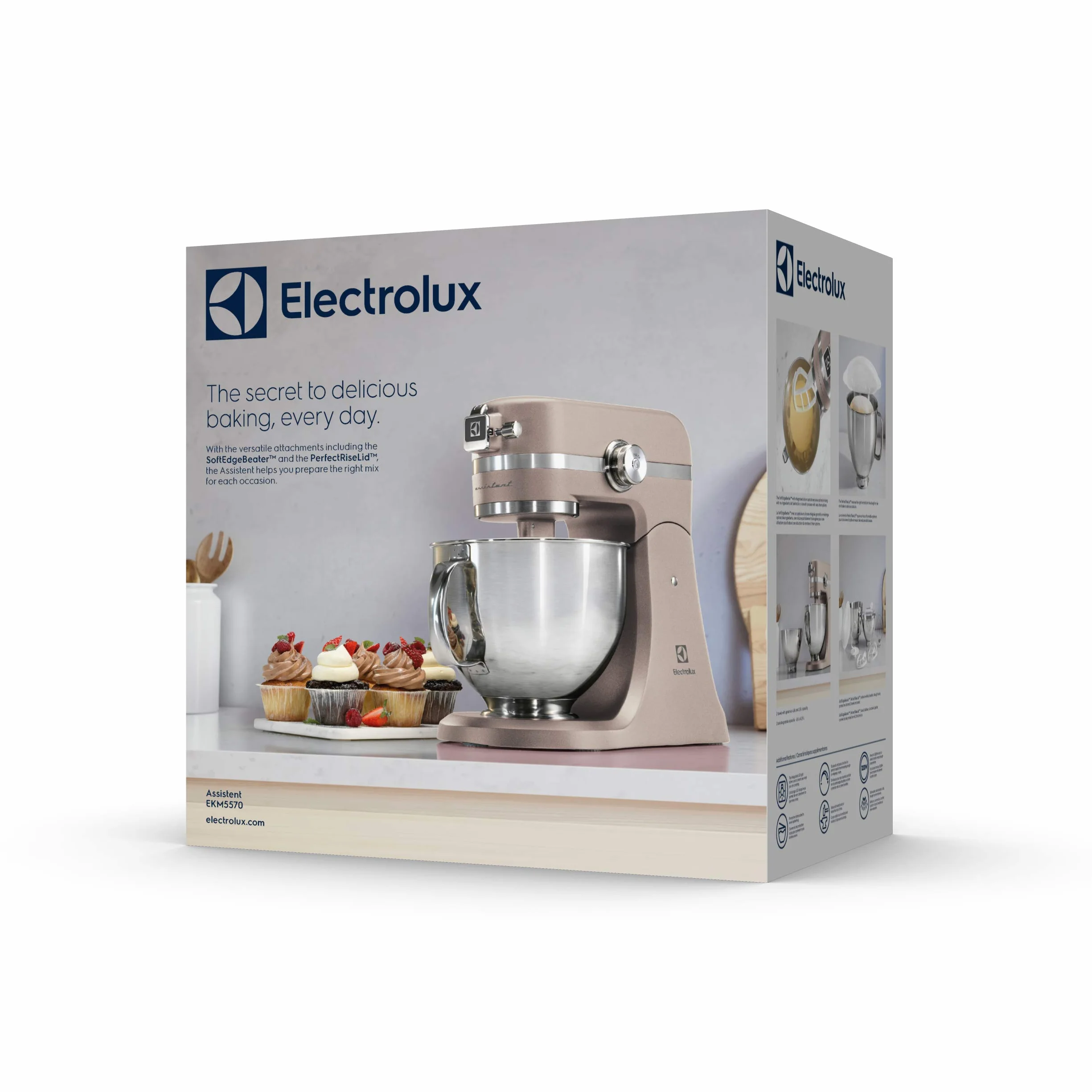 Electrolux Robot Kuchenny 1200 W, 10 prędkości + f. pulsacyjna, Oświetlenie LED misy, 2 misy o pojemności 4,8l i 2,9l, W Zestawie: Hak, Trzepaczka, Ubijaczka, Silikonowa Łyżka, Pokrywa, EKM5570,Beżowy