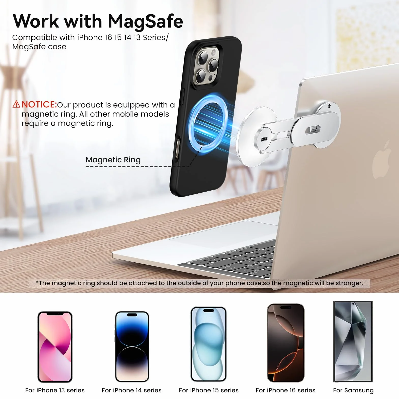 Uchwyt na telefon do laptopa, magnetyczny stojak na telefon 15 W z szybkim bezprzewodowym ładowaniem MagSafe do iPhone 16/15/14/13/12 i wszystkich telefonów do Tesli (srebrny)