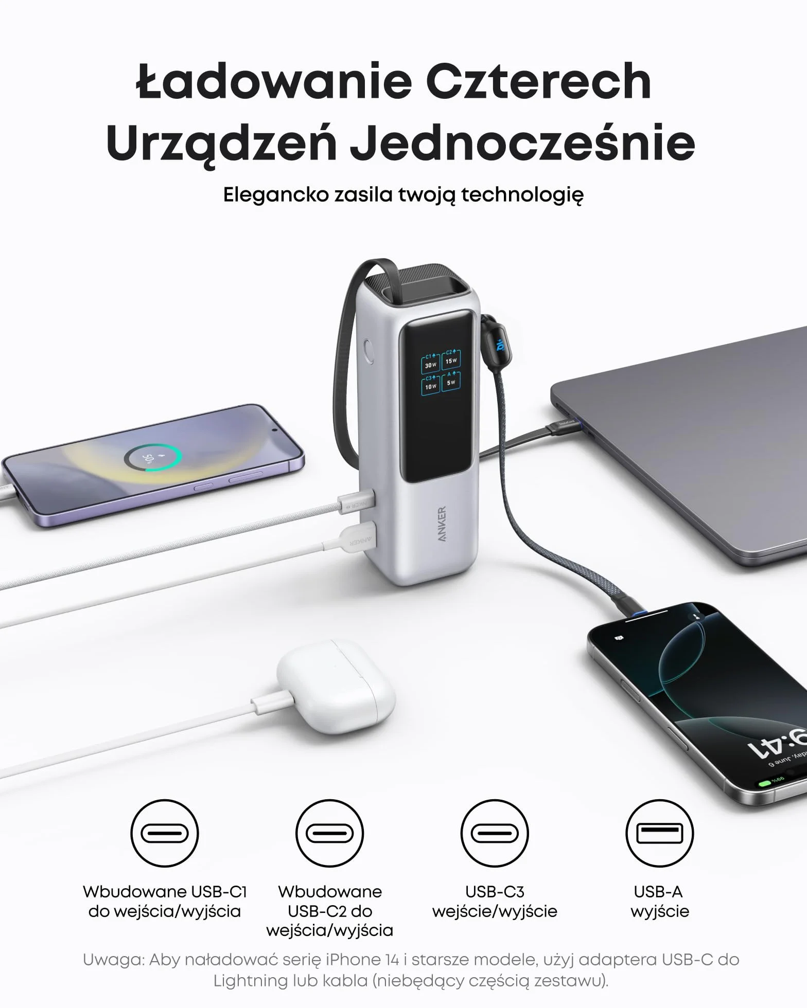 Anker 165W 25000 mAh Laptop Powerbank, Ladegerät mit 70cm ausziehbarem Kabel & Trageband, 3 USB-C Ports für Laden mehrerer Geräte, Für MacBook Pro, iPhone 17/16/15, Samsung und mehr (flugzeugtauglich)
