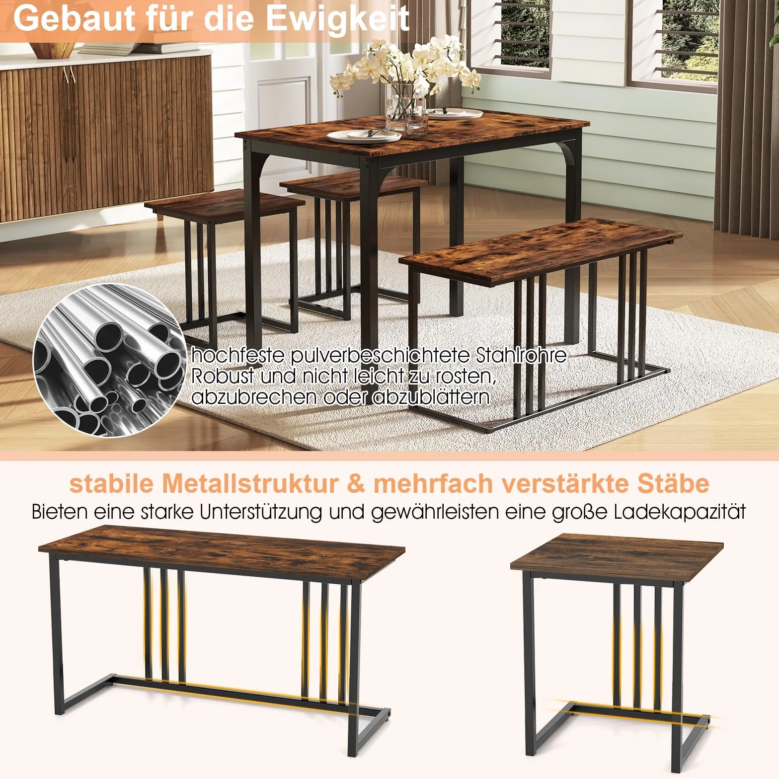 COSTWAY Stół do jadalni z ławką i 2 taboretami, zestaw 4 szt., 120 x 60 cm