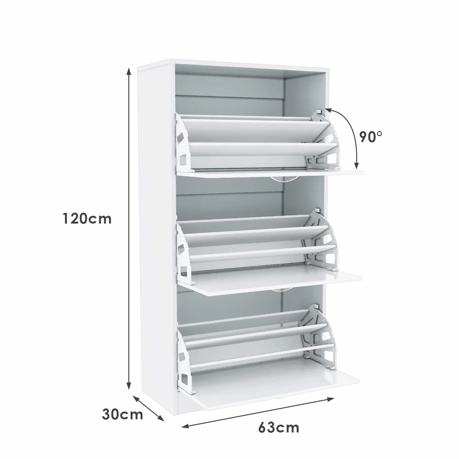 SONNI szafka na buty biała wąska 30 cm 3 klapy regulowane wkładki 27 par 63x30x120 cm