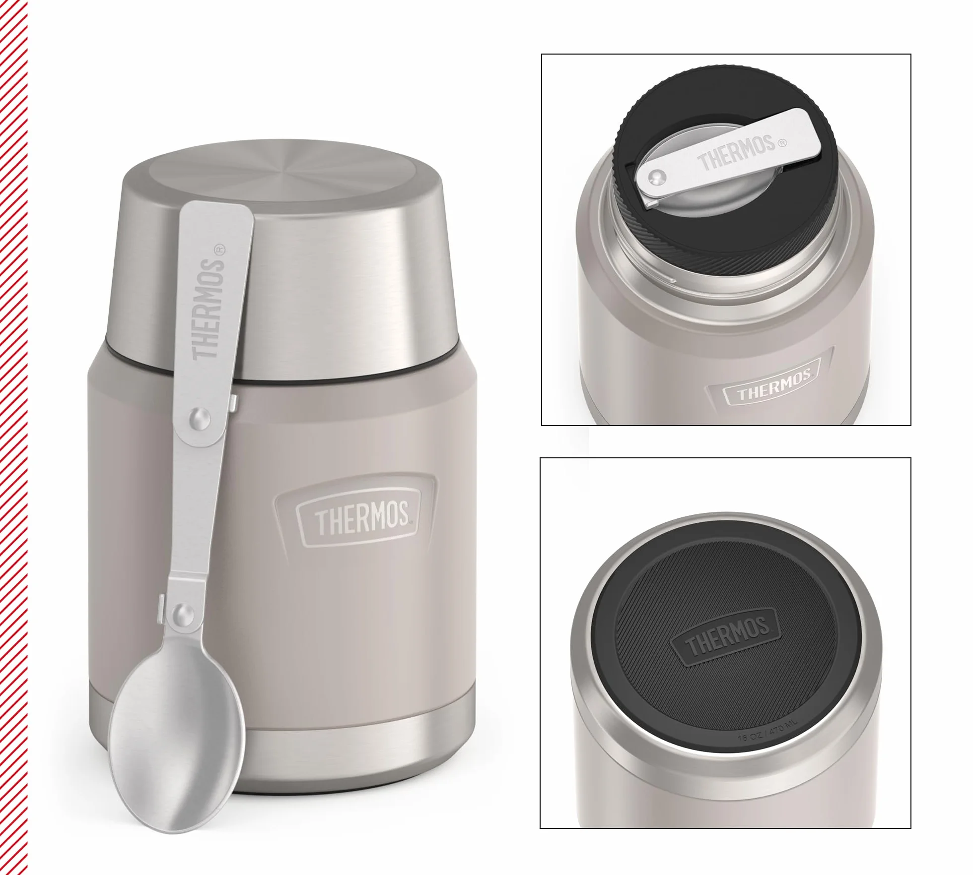 Thermos ICON Food Jar 0,47 l, beżowy matowy piaskowy kamień, naczynie do jedzenia 470 ml, podwójne ścianki ze stali nierdzewnej 18/8, utrzymuje ciepło i zimno, ze składaną łyżką, antypoślizgowe dno,