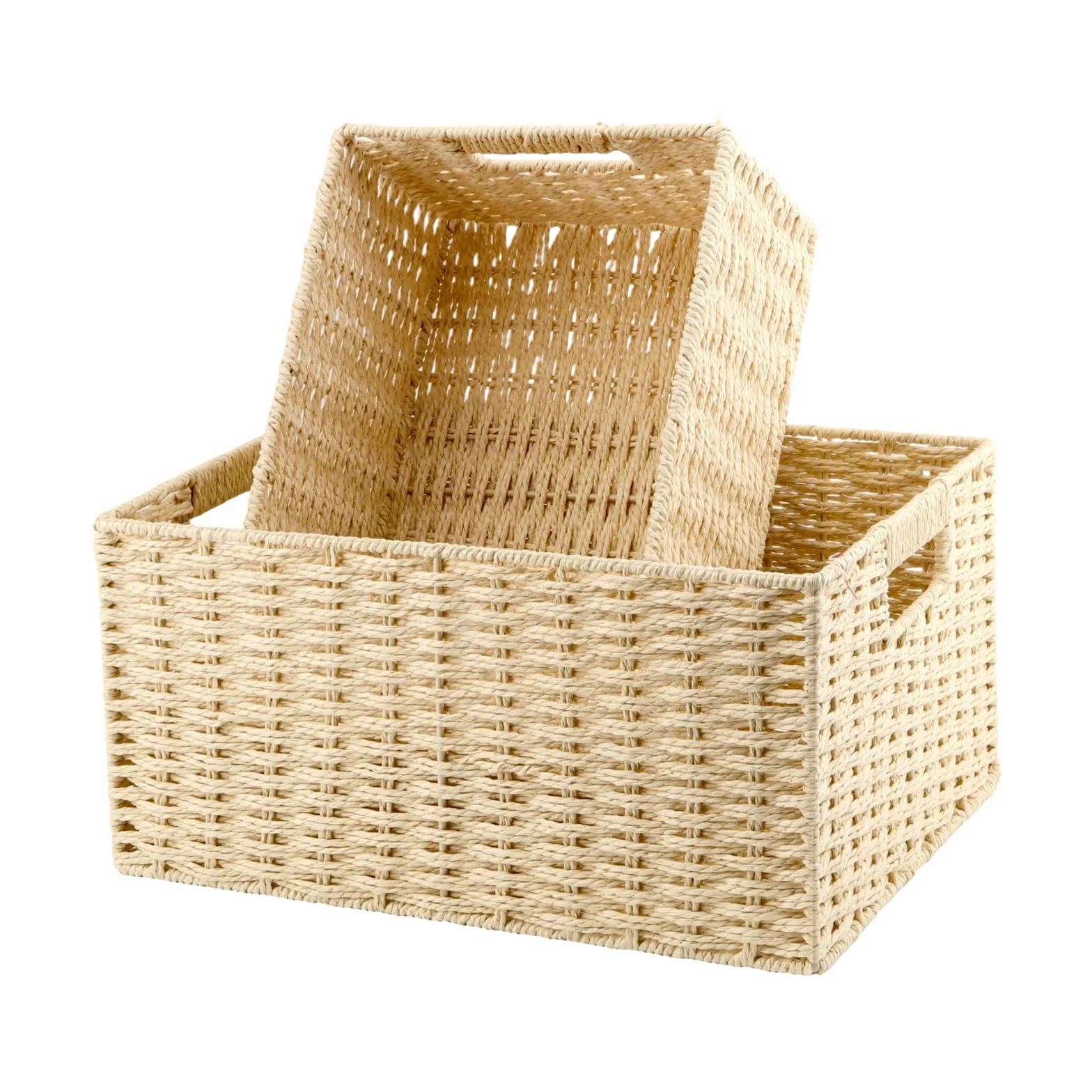 2-częściowy zestaw rattanowych koszyków do przechowywania, plecionych, można układać w stos, kosz rattanowy z papieru, pleciony kosz do łazienki i sypialni, 35 x 25 x 18 cm i 31 x 21 x 15 cm