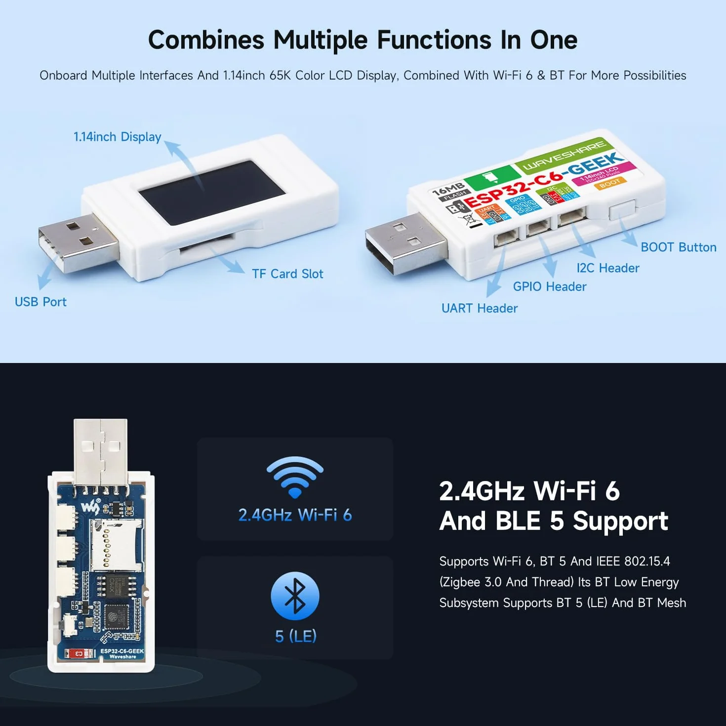 Waveshare ESP32-C6 GEEK Development Board, With 1.14inch 65K Color LCD Display, 240x135 Resolution, Supports 2.4GHz Wi-Fi 6 And BLE 5, USB-A Male Port, With White Plastic Case