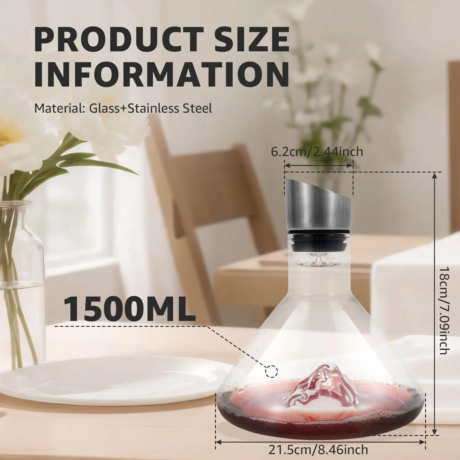 Iceberg karafka do czerwonego wina, 1500 ml, z wbudowanym napowietrzaczem, pokrywka ze stali nierdzewnej i filtr, bezołowiowe szkło kryształowe, prezenty świąteczne dla mężczyzn (zestaw 1)