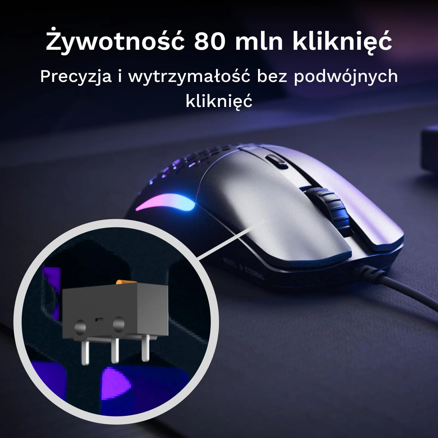 Glorious Model O Eternal – ultralekka mysz RGB – przewodowa – lekka (55g) – konfig. oświetlenie RGB – 6 konfig. przycisków – symetryczny design – czujnik opt. 12K DPI – PC/Mac – czarna