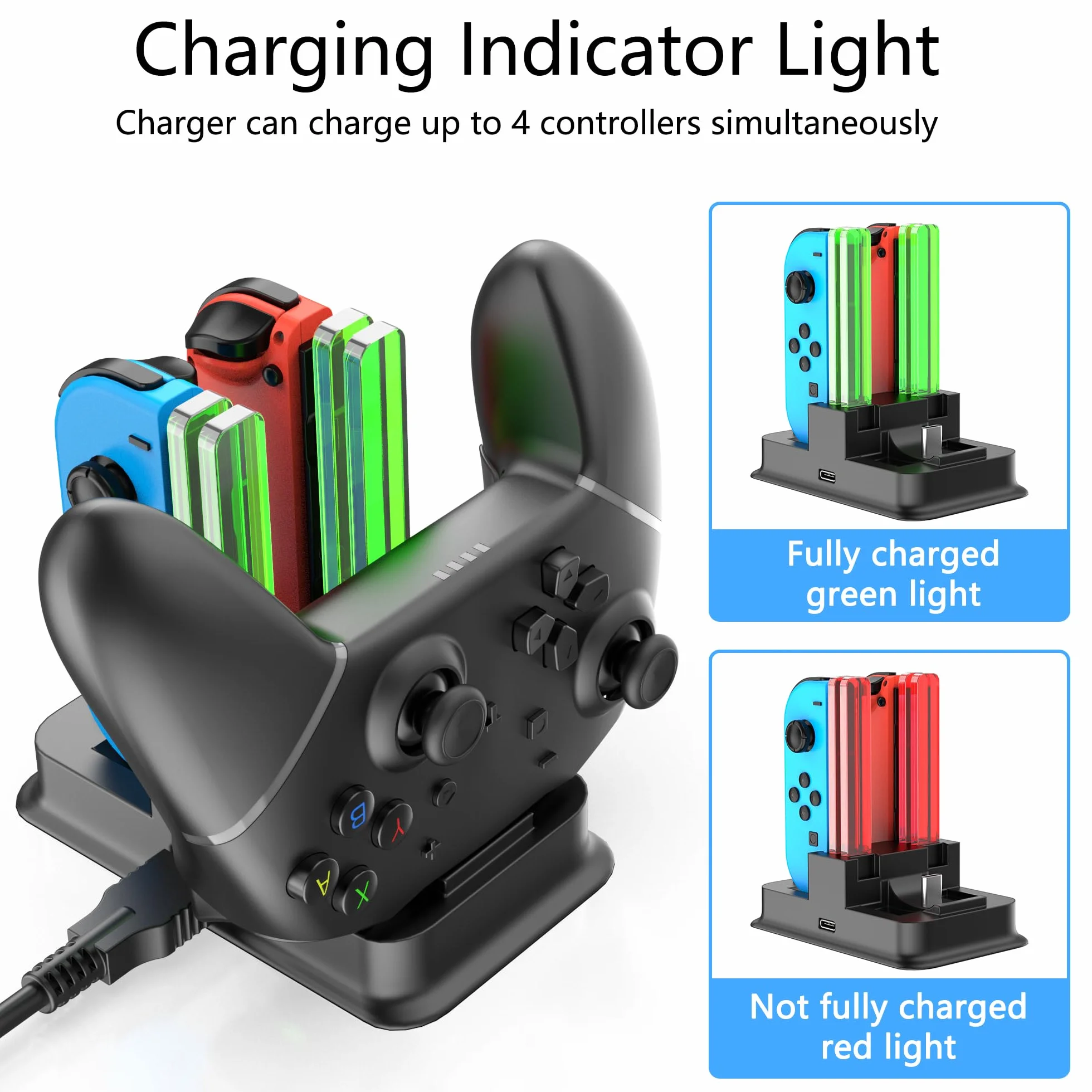 RREAKA Charging Dock for Nintendo Switch Joy Con Charger with LED Light Bar, Switch OLED Joycon Charging Stand - Black