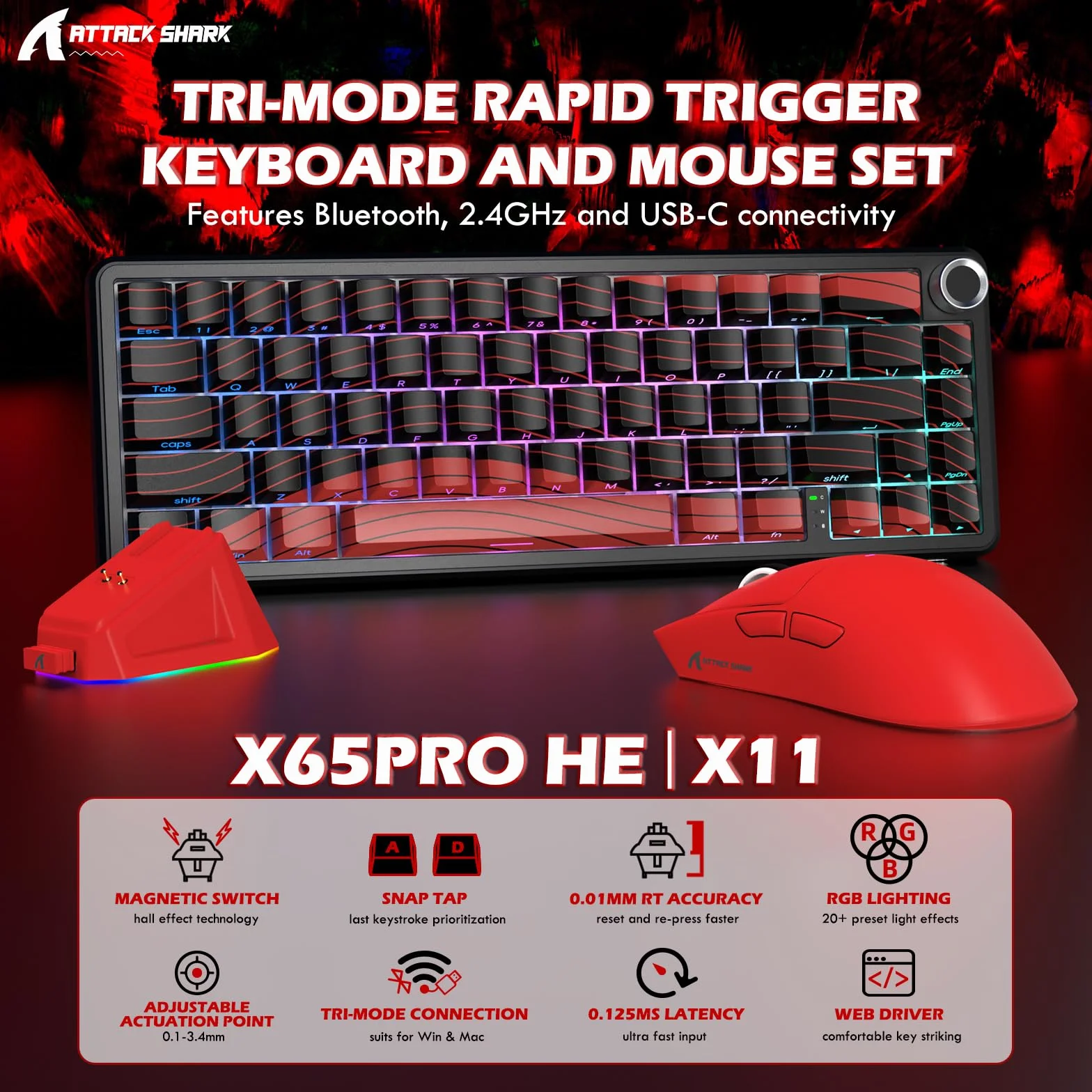 MAMBASNAKE X ATTACK SHARK X65PRO HE Szybki Trigger Klawiatura z X11 Gaming Myszka Komplet, Magnetyczny Przełącznik, Dokładność RT 0.01mm 8 kHz, BT/2.4G/USB-C, Magnetyczna Stacja Ładowania - Czerwony