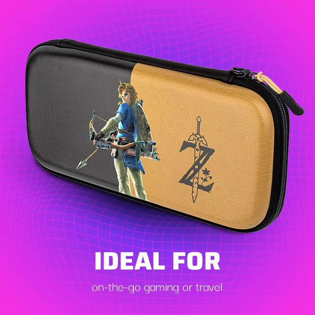 PDP Gaming Oficjalnie Licencjonowany Switch Slim Deluxe Travel Case - Zelda Breath of the WIld - Semi-Hardshell - Console Stand - Protective PU Leather - Holds 14 Games - Works z Switch OLED and Lite