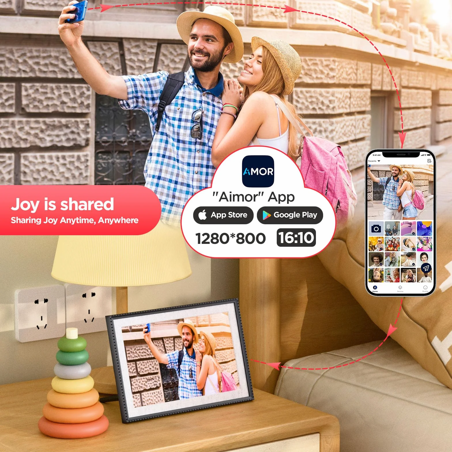 Cyfrowa ramka na zdjęcia 10,1", WiFi, ekran dotykowy IPS 1280 x 800, pamięć 32 GB, automatyczne obracanie, montaż na ścianie, łatwa konfiguracja zdjęć i filmów natychmiast za pomocą aplikacji