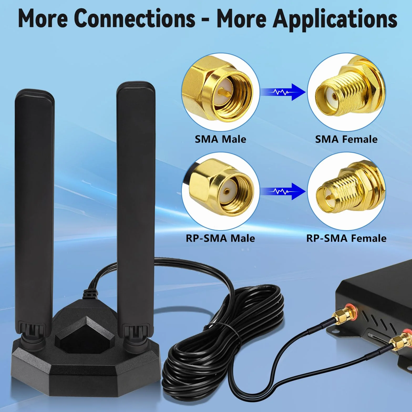 Eightwood Antena WiFi 6E 2,4 GHz 5 GHz 6 GHz WLAN wzmacniacz sygnału Tri-Band RP-SMA + adapter SMA magnetyczna podstawa z przedłużaczem 2 m do kart Wi-Fi, kart PCI, routera, płyty głównej Bluetooth