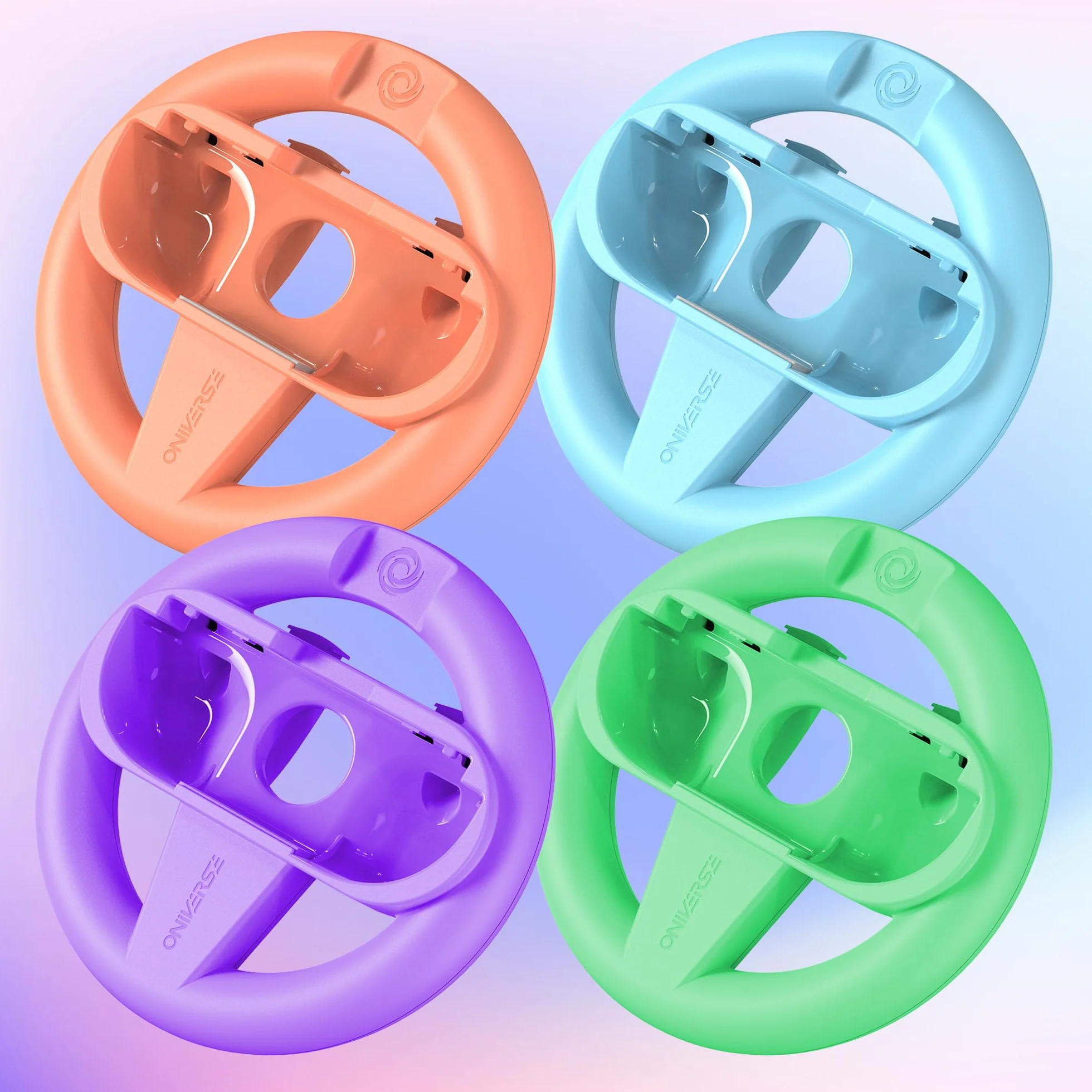 Oniverse Zestaw 4 Kierownic do Konsoli Switch 2 – Akcesoria do Switch 2 do Mario Kart, Uchwyt Kierownicy Pomarańczowy, Niebieski, Zielony i Fioletowy, Intuicyjny, Dostępne przyciski SL/SR, Dla Joy-Con