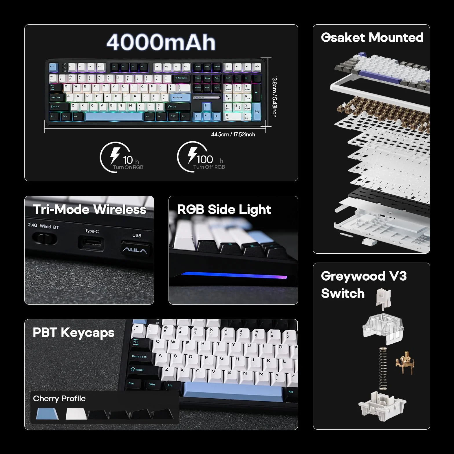 EPOMAKER AULA F108 bezprzewodowa klawiatura do gier z baterią 8000 mAh, pełnowymiarowa klawiatura mechaniczna z układem amerykańskim z 108 klawiszami Hotswappable, RGB, do Mac/PC/Android (czarno-biała
